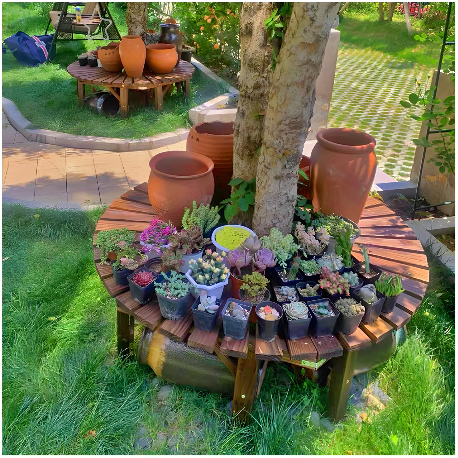 Banco de árbol envolvente, asiento de madera curvado para exteriores, diseño de respaldo semicircular para jardines, patios, patios traseros y césped 6