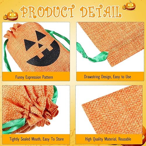Miniatura 3 de Paterr 48 bolsas de arpillera de Halloween de 5 x 7 pulgadas, bolsas de regalo de calabaza a granel con cordón, pequeñas bolsas de dulces para