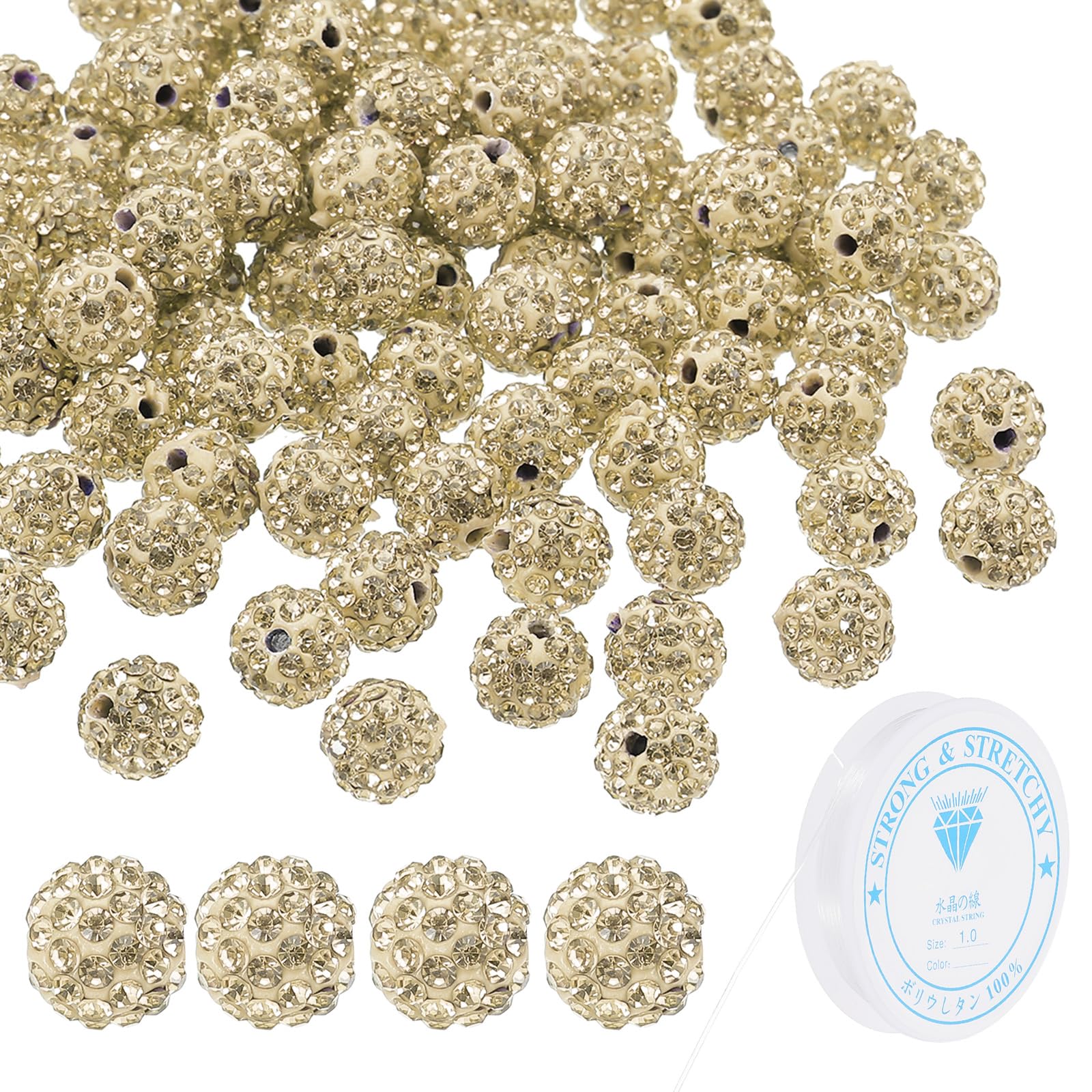 PATIKIL 10mm Rhinestone Clay Beads for Jewelry Making 120 Pack Round Ball Polymer Clay Crystal Charm Beads with Elastic String for Craft Decor Necklace Chain Bracelets DIY Clear Yellow