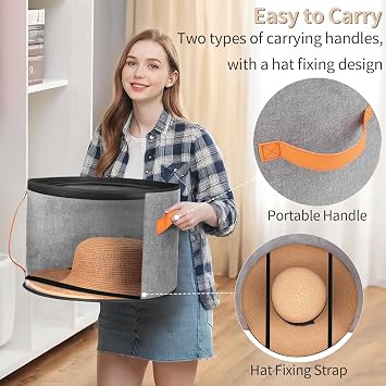 kushon Oversized Clear Hat Storage Box for Women, Cowboy Hat Organizer for Closet, Wide Brims Hat Case with Carrying Handles, Hat Bag (Grey)
