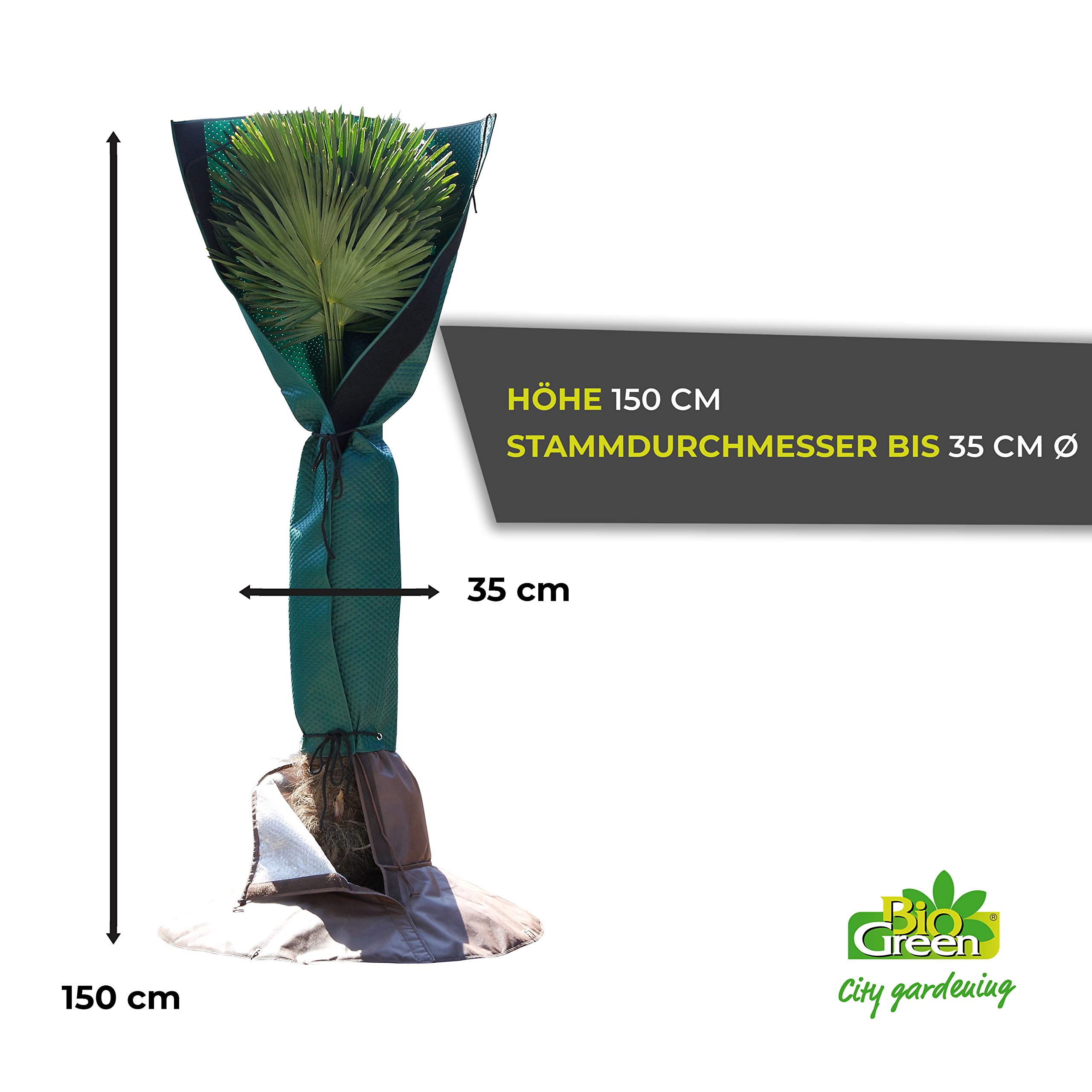 Bio Green Stammschutz für Palmen und Bäume | schützt vor Wind, Regen, Feuchtigkeit, Schnee und Frost | atmungsaktiver Vliesmantel für Stämme bis Ø 35 cm | 150 cm hoch
