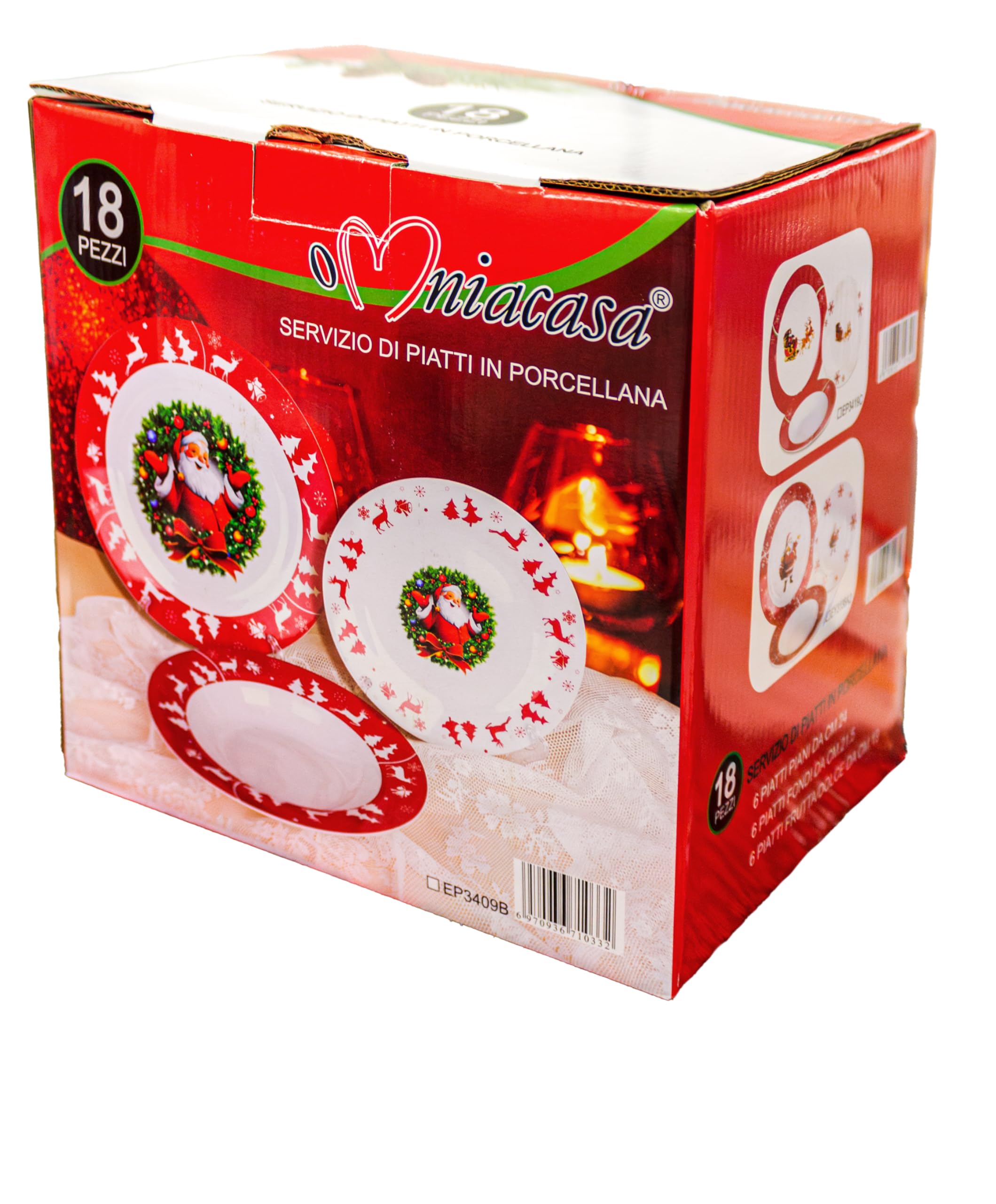 Lot de 18 Assiettes en Porcelaine de Noël pour 6 Personnes avec Décoration Père Noël et Guirlande
