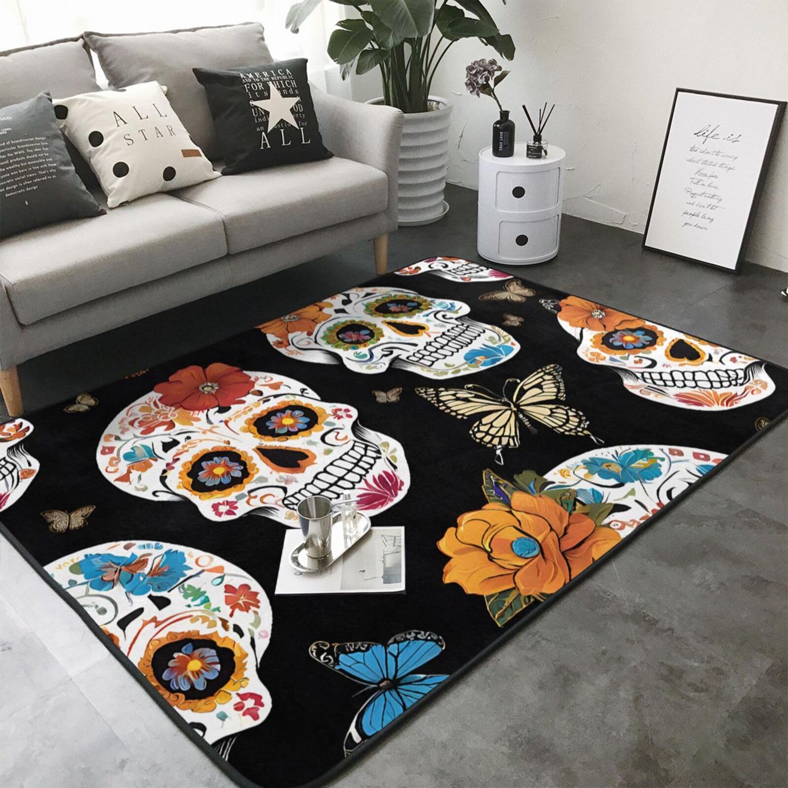 Sugar Skulls Print Living Room Anti Slip and Absorbent Carpet, Indoor Bedroom Bed Floor Mat, Ultra Soft Washable Carpet 80x58 in