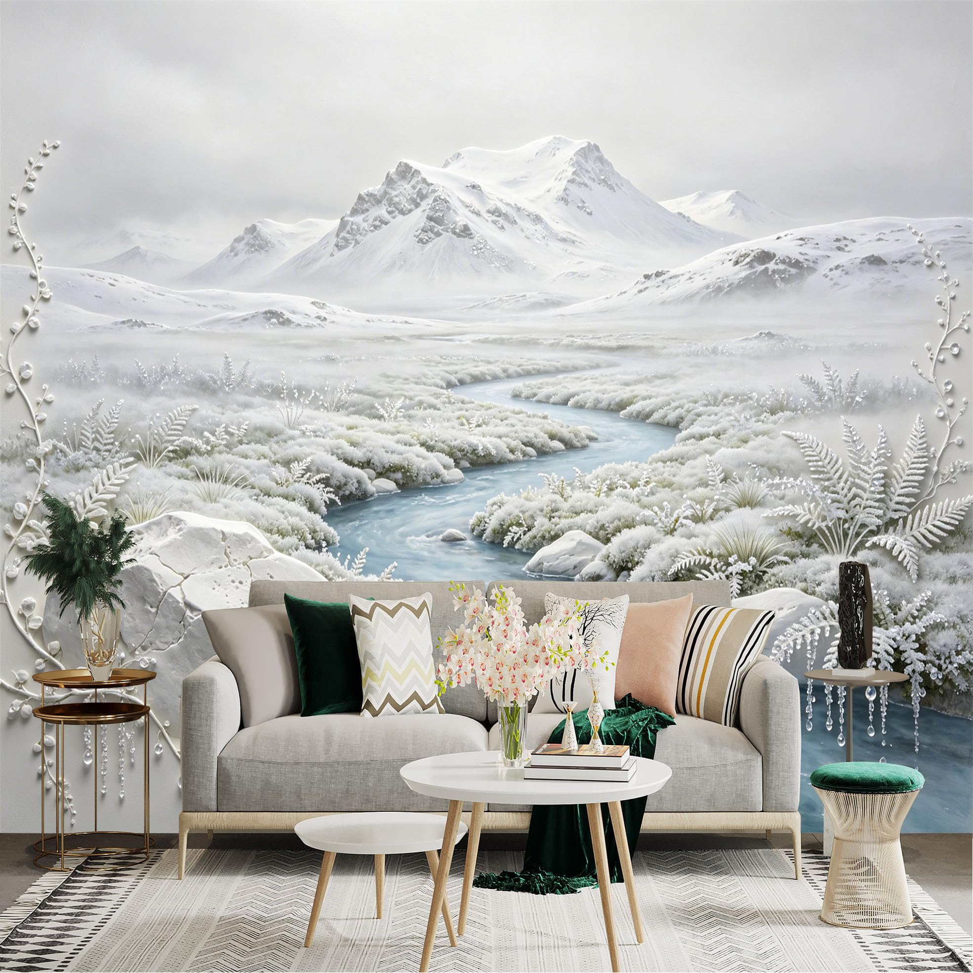 Custom Size Wall Sticker Mural， Winter Snowy Mountains with River and Frosted Plants， for wall Decoration， peelandstick wall Decals.