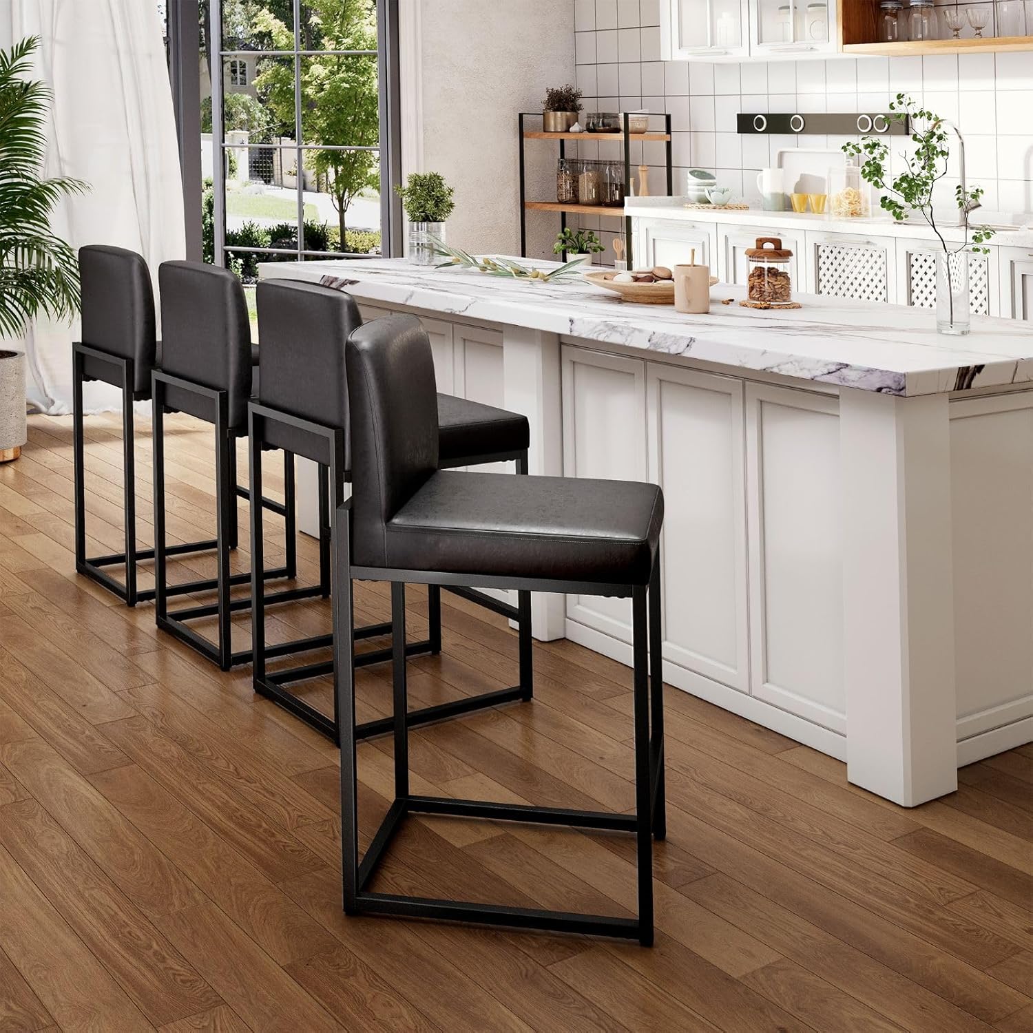Sophia & William Black PU Leather Bar Stools Set of 4 - 24" Counter Height with Backrest, Modern Kitchen Island Chairs
