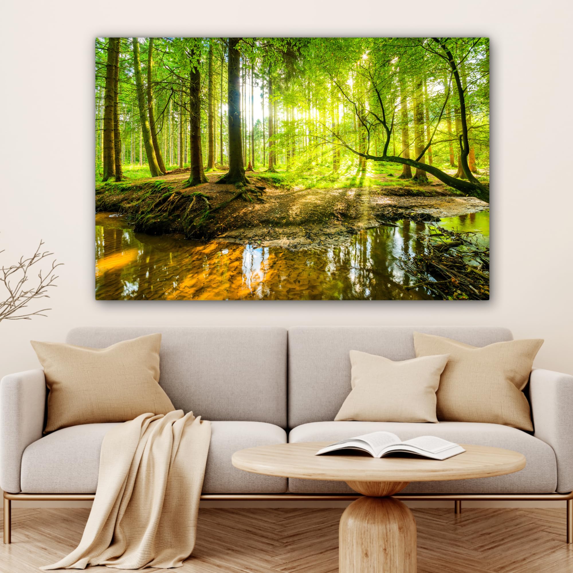 MuchoWow© Impression sur Toile Decoration Murale Peinture 120x80 cm Tableaux Decoratifs Muraux Décoration Chambre Forêt - Paysage - Eau - Arbre - Soleil - Vert - Nature