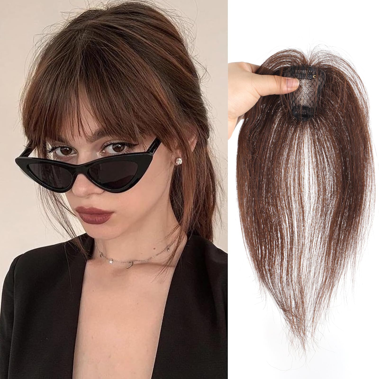 Clip In Fringe Bangs 360° 3D Cover Clip in Bangs 100% Real Human Hair Toppers with Bangs,Light Brown Hair pieces Clip on Bangs for Women Fake Bangs for Daily Wear