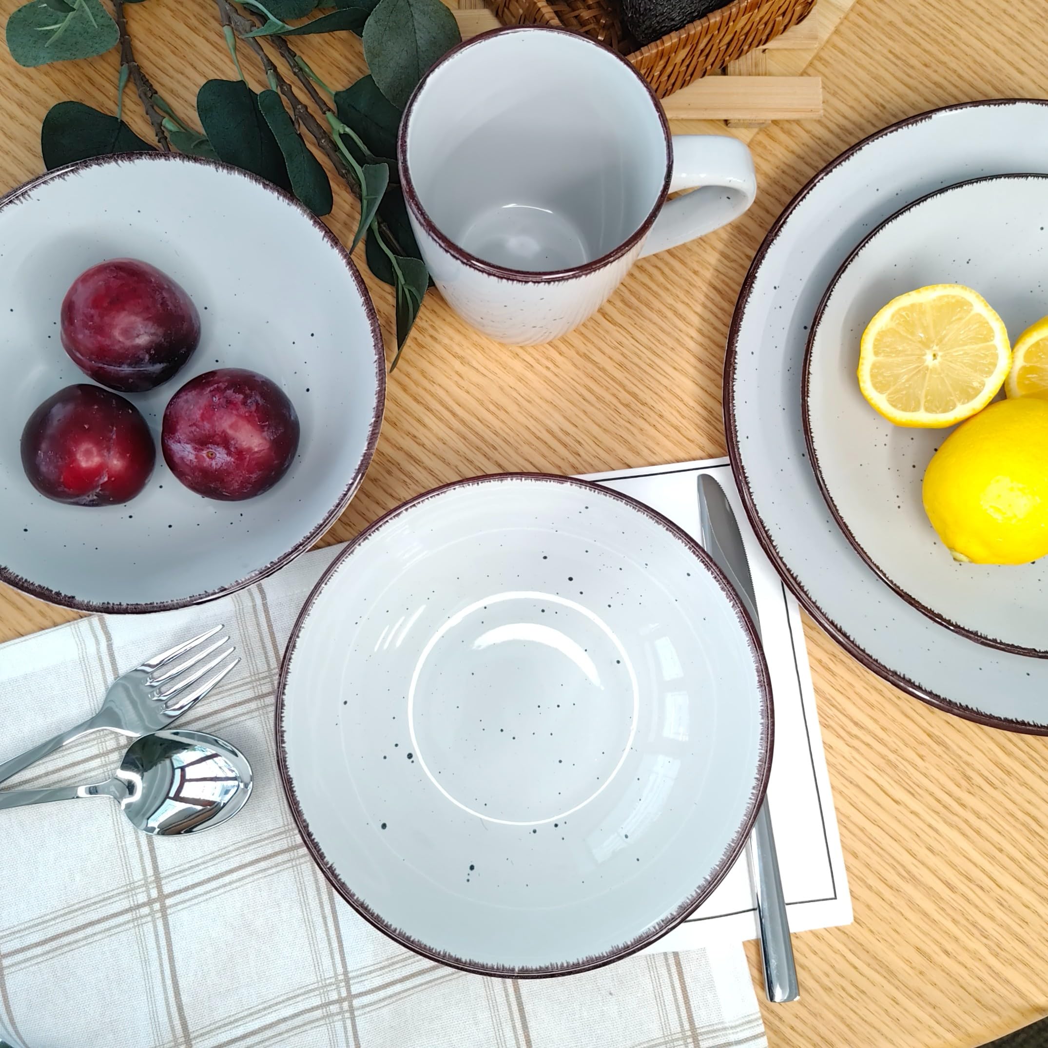 LIVELLO DUNA – Serwis Obiadowy z Kubkami 24 Elementy dla 6 Osób, Szara Kamionka, Zestaw Talerzy Obiadowych, Głębokich i Deserowych + Kubki 450 ml, Nowoczesna Zastawa Stołowa