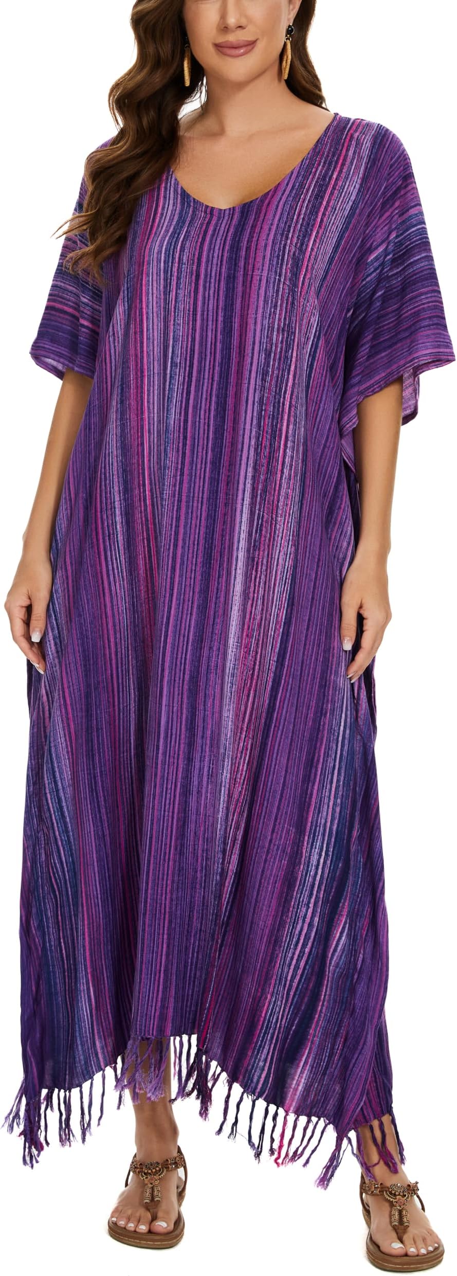 BeautybatikWomen Stripe Caftan Kaftan Loungewear Maxi Plus Size Long Dress XL to 4X