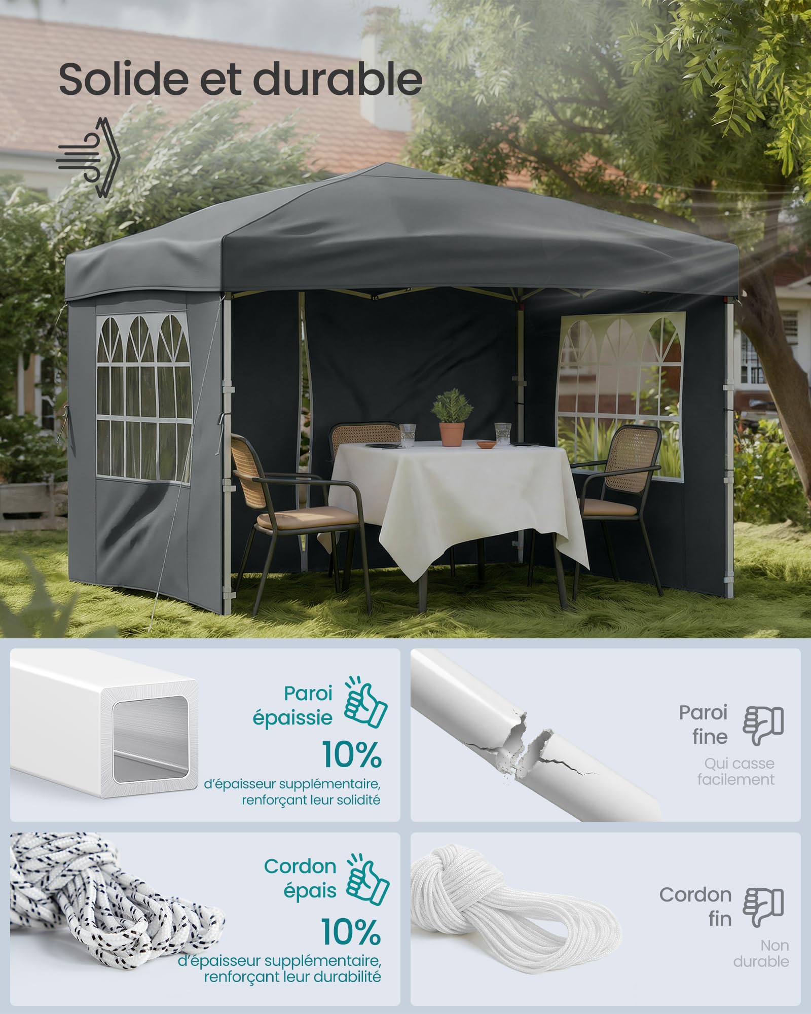 SONGMICS Tonnelle, Chapiteau Pliable, Protection Solaire, Résistante aux Petites Pluies, Portable, avec Parois Latérales, pour Cour, Jardin, Marché, 3 x 3 m, Gris Foncé GCT104GZ01