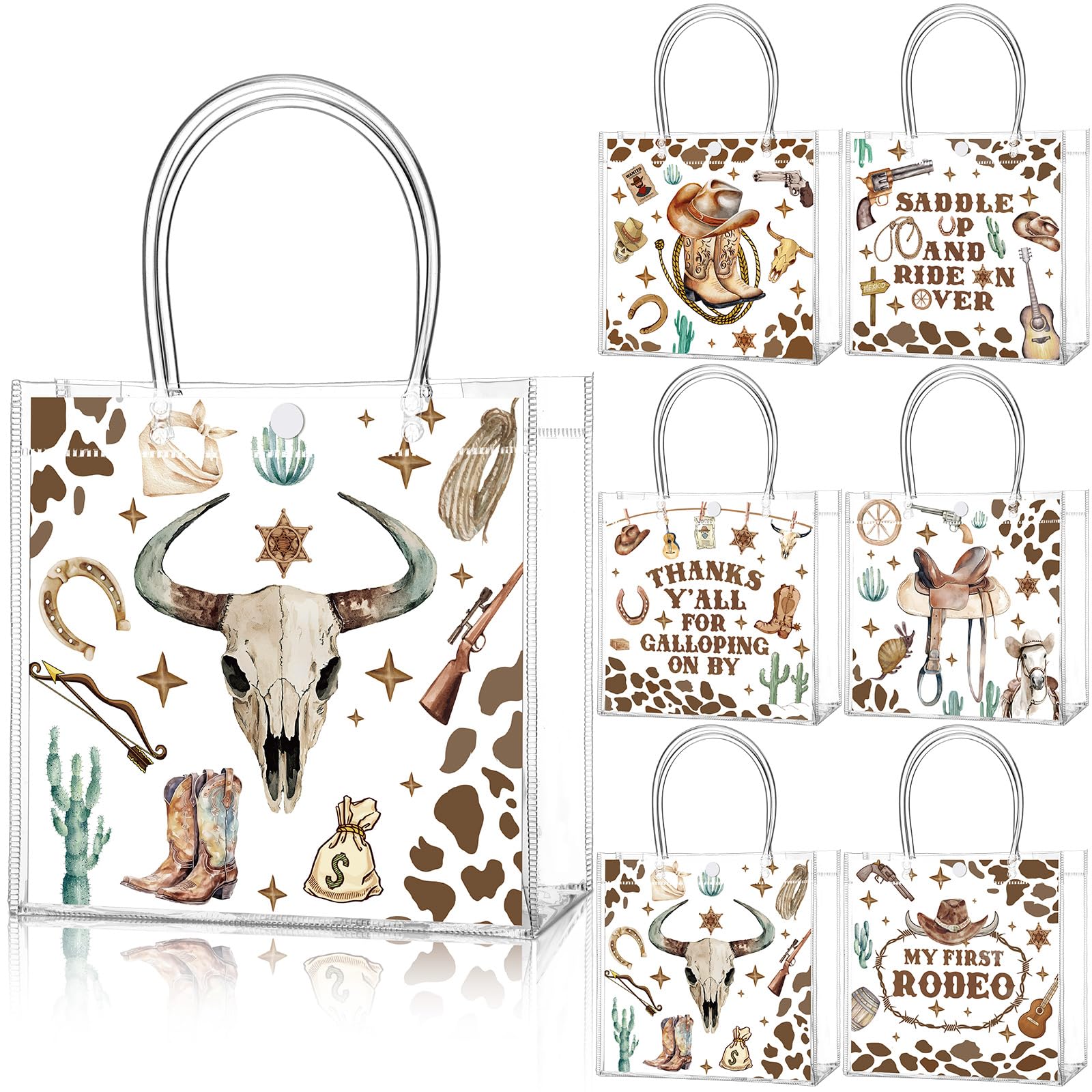 Teenyyou 24 Pcs Cowboy Party Favor Bags Clear PVC Goodie Treat Tote Gift Bags with Handles Cowboy Theme Birthday Party Supplies — image 1