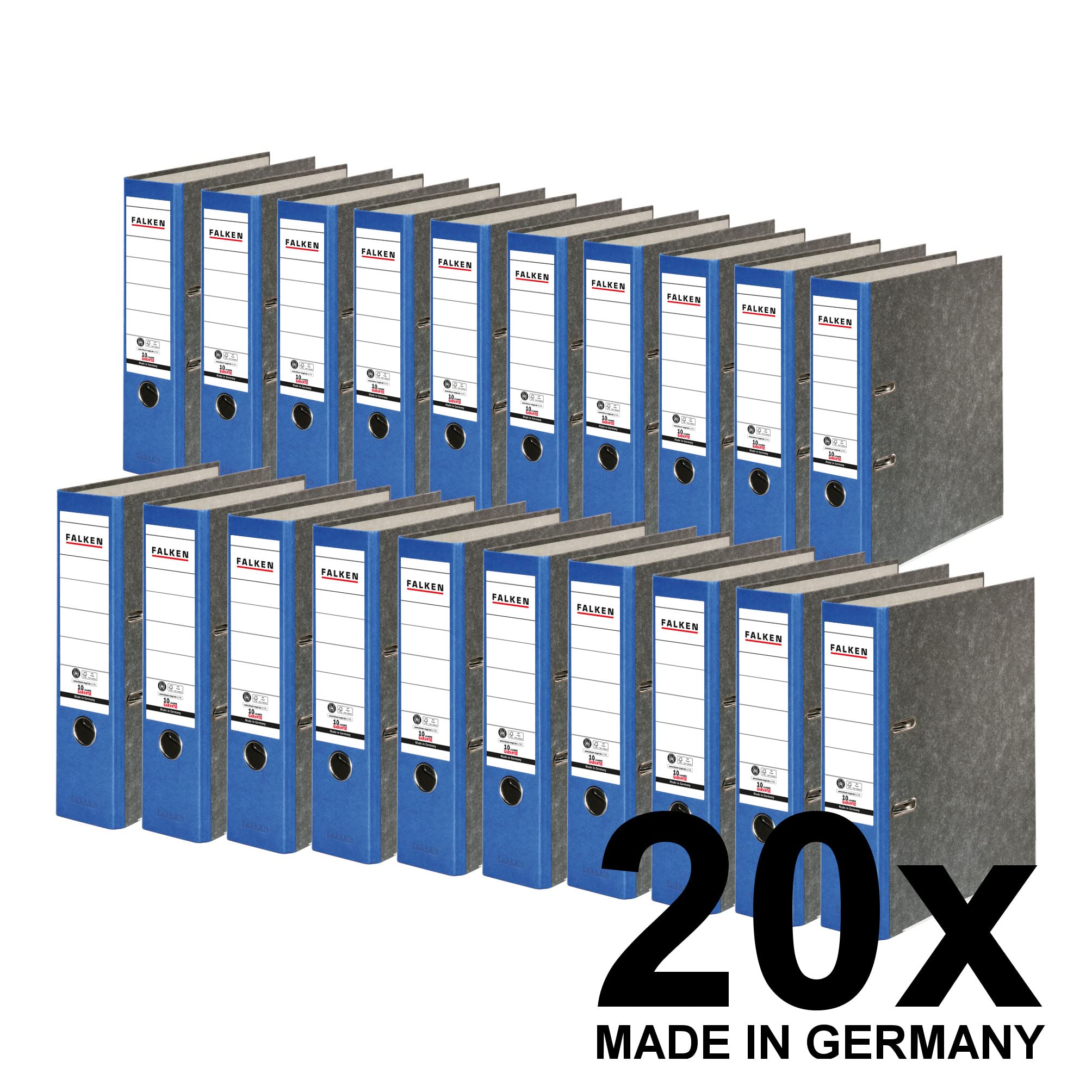 20x Falken Recycling segregator marmurkowy A4 szeroki 8 cm niebieski grzbiet. Wyprodukowano w Niemczech. Segregator biurowy Segregator dźwigniowy Segregator z mechanizmem Certyfikat Błękitny Anioł
