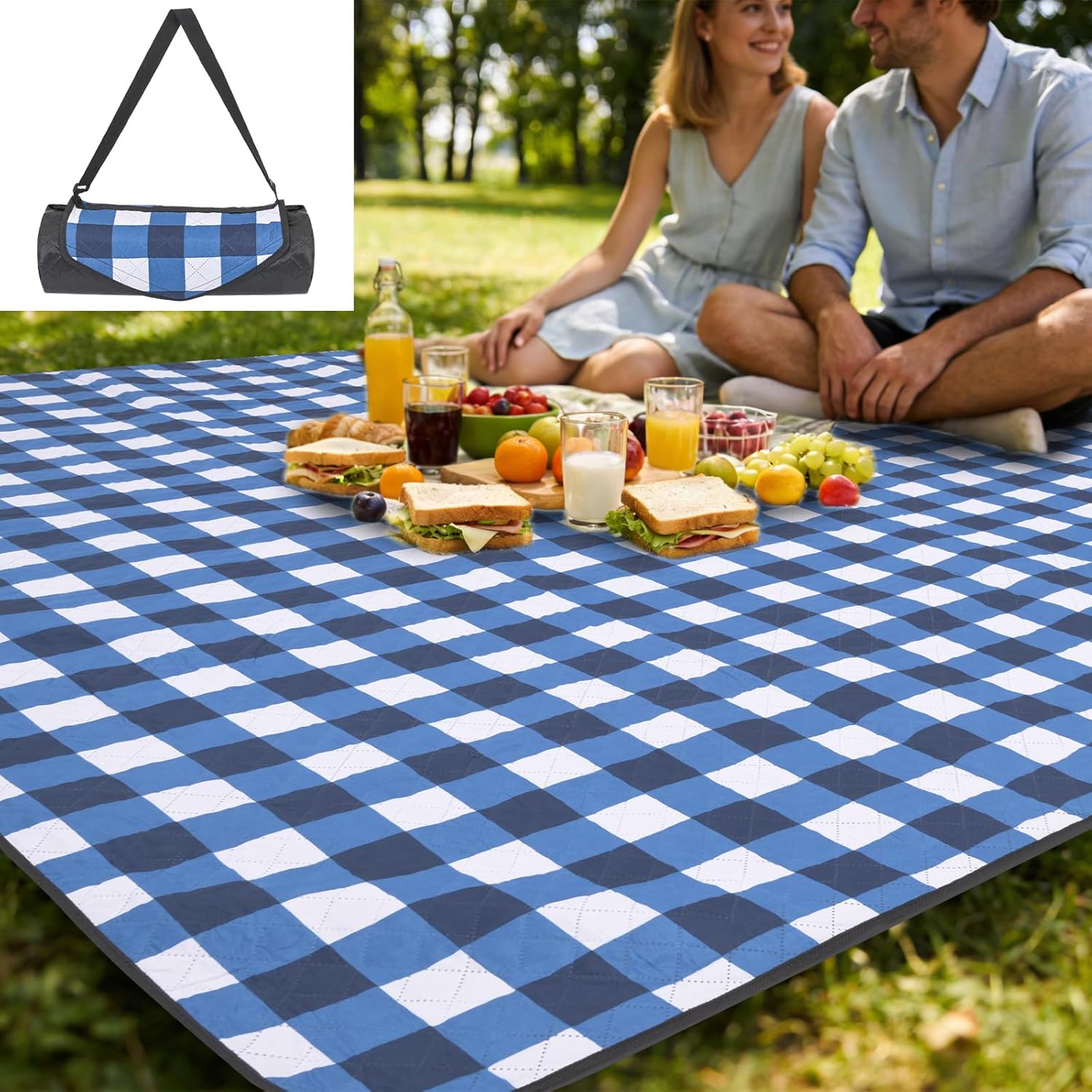 Large Picnic Blanket Beach Blanket, 80''x80'' Outdoor Mat Waterproof Blanket Beach Mat for Beach Camping Grass Lawn Park - Blue