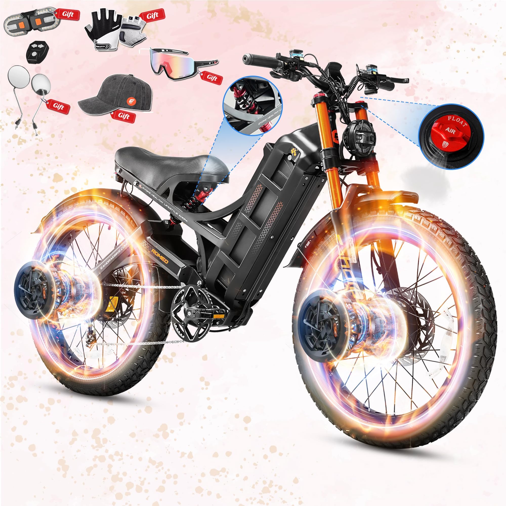2026 Romeo Pro 3/2 50-46Mph Electric Bike for Adults 5600W/4000W/2500W Dual Motor Ebike 60V/80Ah 52V/70Ah Long Range Fat Tire Full Suspension Electric Mountain Bicycle