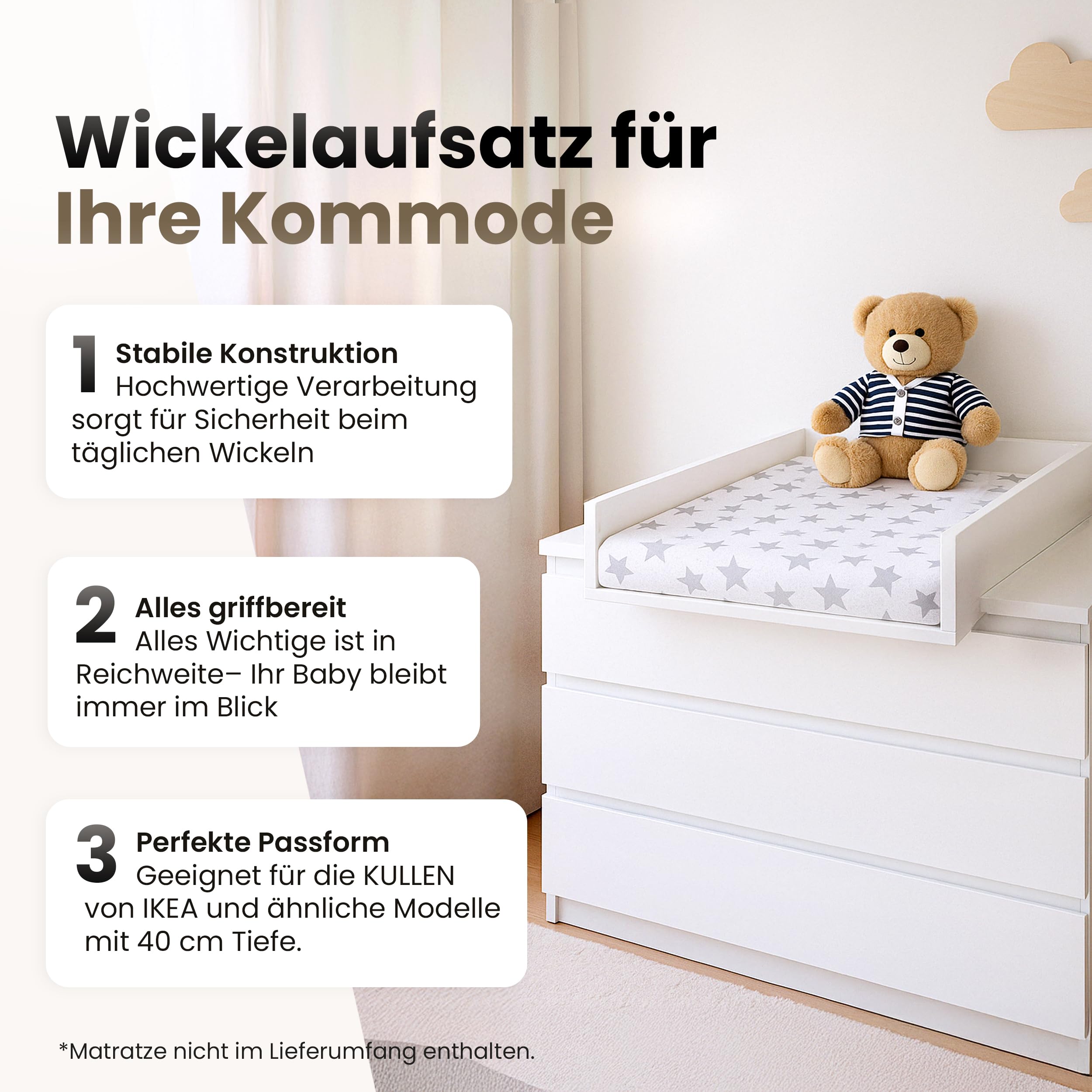 Wickelaufsatz für Kullen von IKEA, Wickeltischaufsatz für 40 cm Kommoden, Abnehmbar Wickelkommode aufsatz, Gerade Frontplatten, Oak, 72cm x 54cm