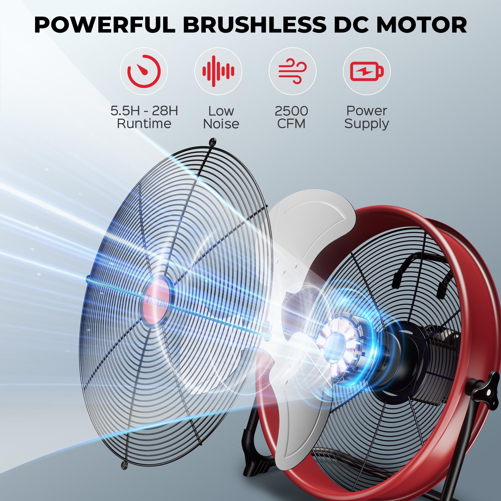 T-SUN Ventilatore da pavimento a batteria da 40,6 cm, compatibile con batteria Milwaukee, ventilatore portatile con adattatore CA e uscita USB, ventilatore senza fili a velocità continua, in metallo