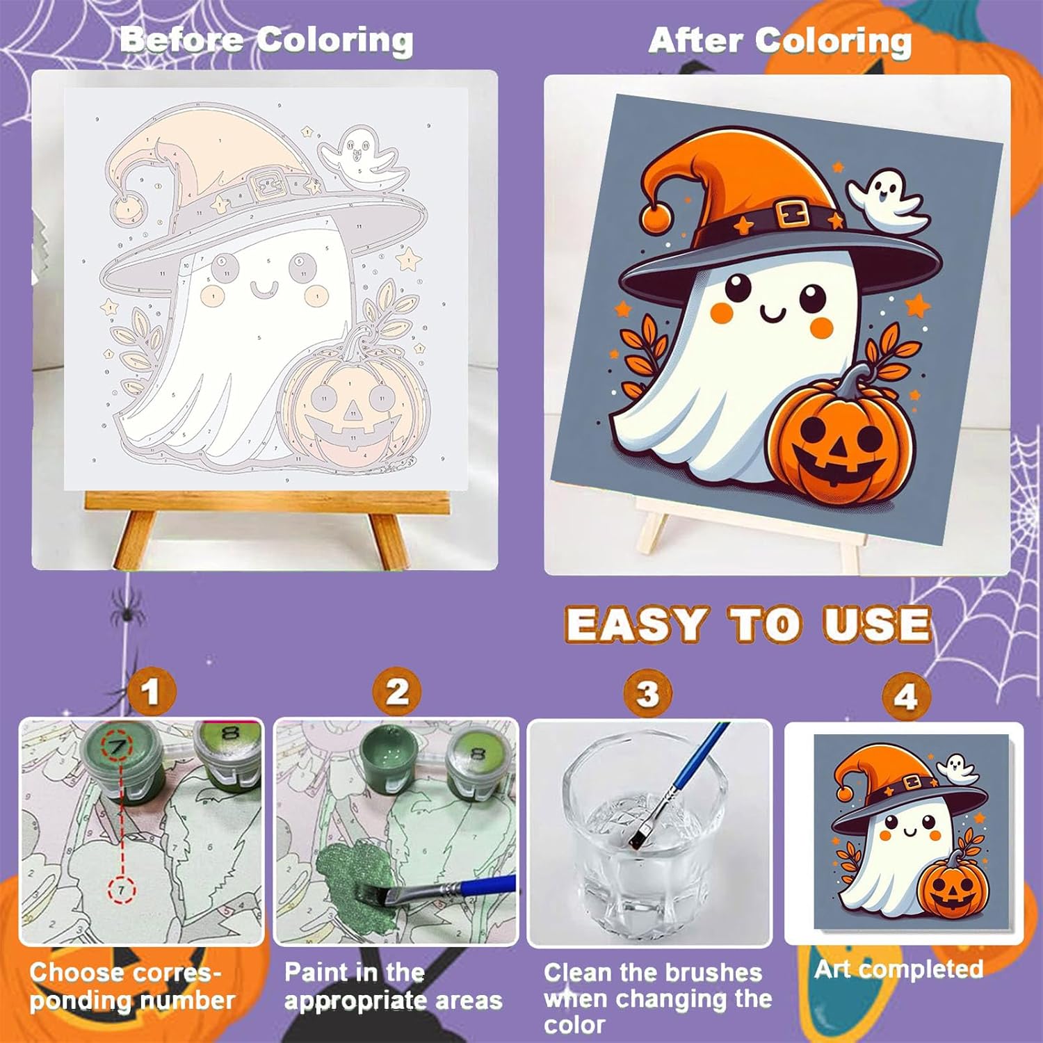 ajepon 4 Pack Paint by Numbers Kit for Kids with Frame-Halloween Paint by Number for Kids, Halloween Kid Painting by Number Kits Age 5-8, DIY Acrylic Oil Painting Kits for Home Wall Decor (8X8inch)