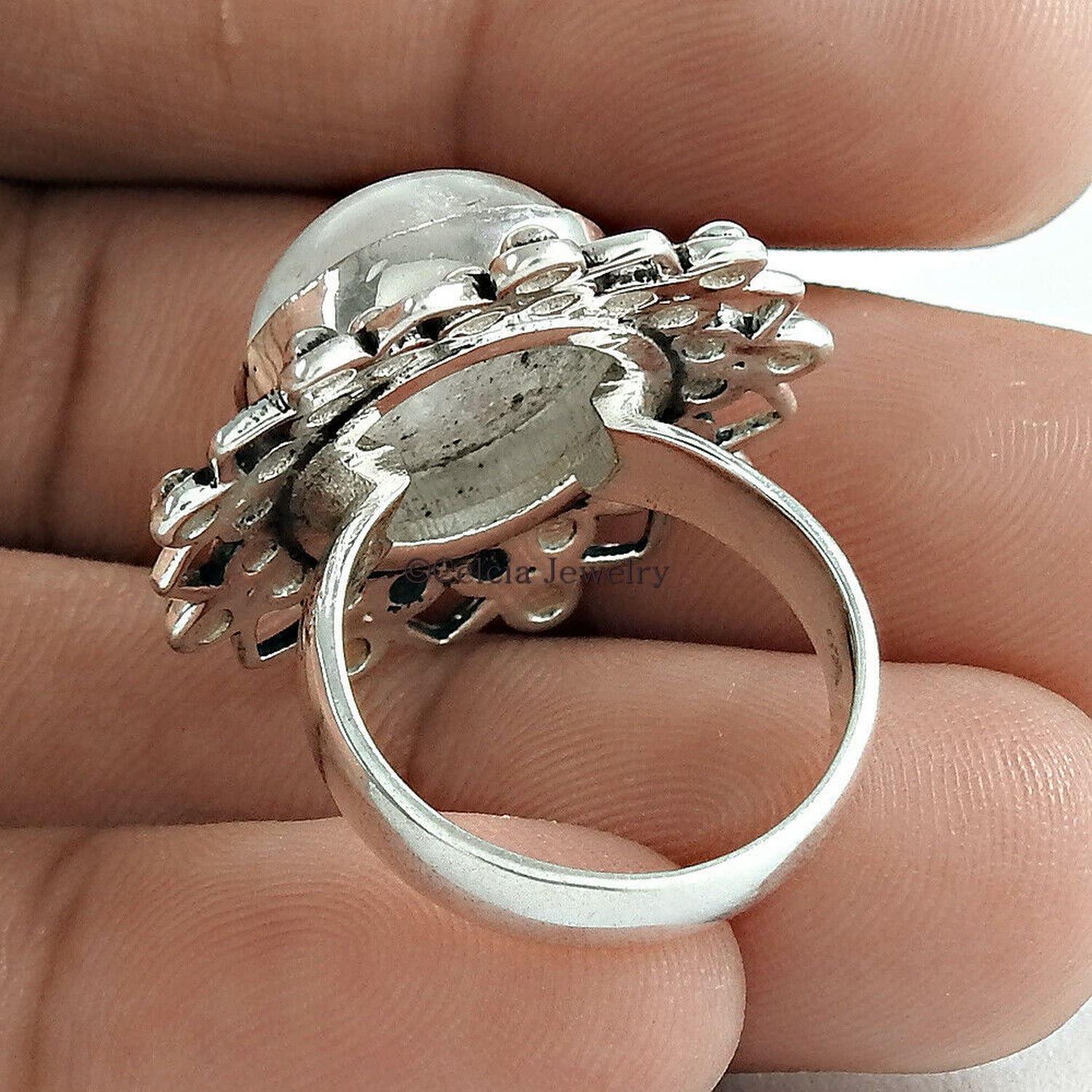 Anello pietra di luna arcobaleno, anello rotondo cabochon in pietra bianca, anello nuziale, anello fantasia, anello definitivo, regali artigianali, gioielli Art Déco
