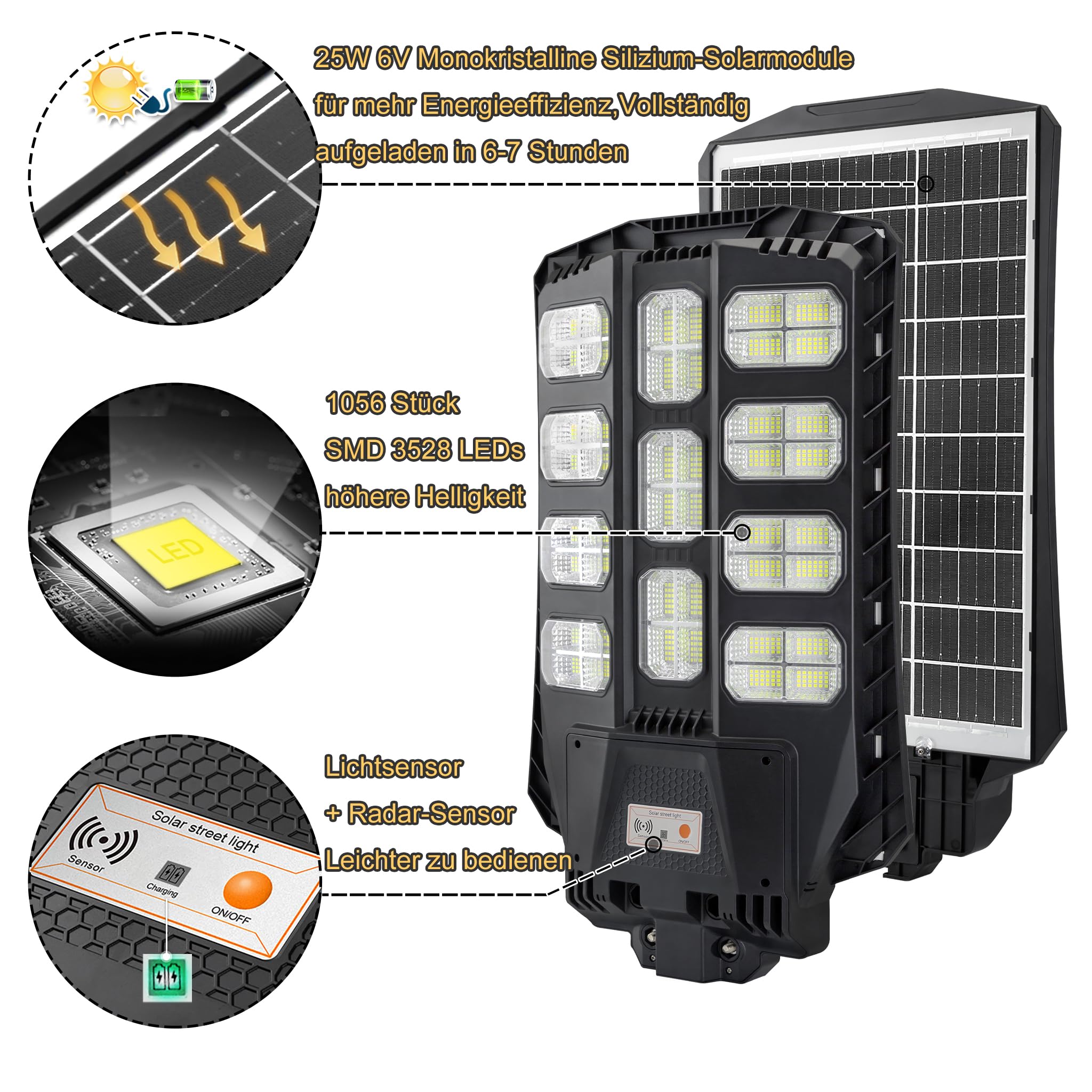 Froadp Lampada da strada solare con sensore di movimento, 400 W, faretto solare da esterno, 8000 – 8500 K, con telecomando, luce solare per esterni, per giardino, strada, impermeabile IP65