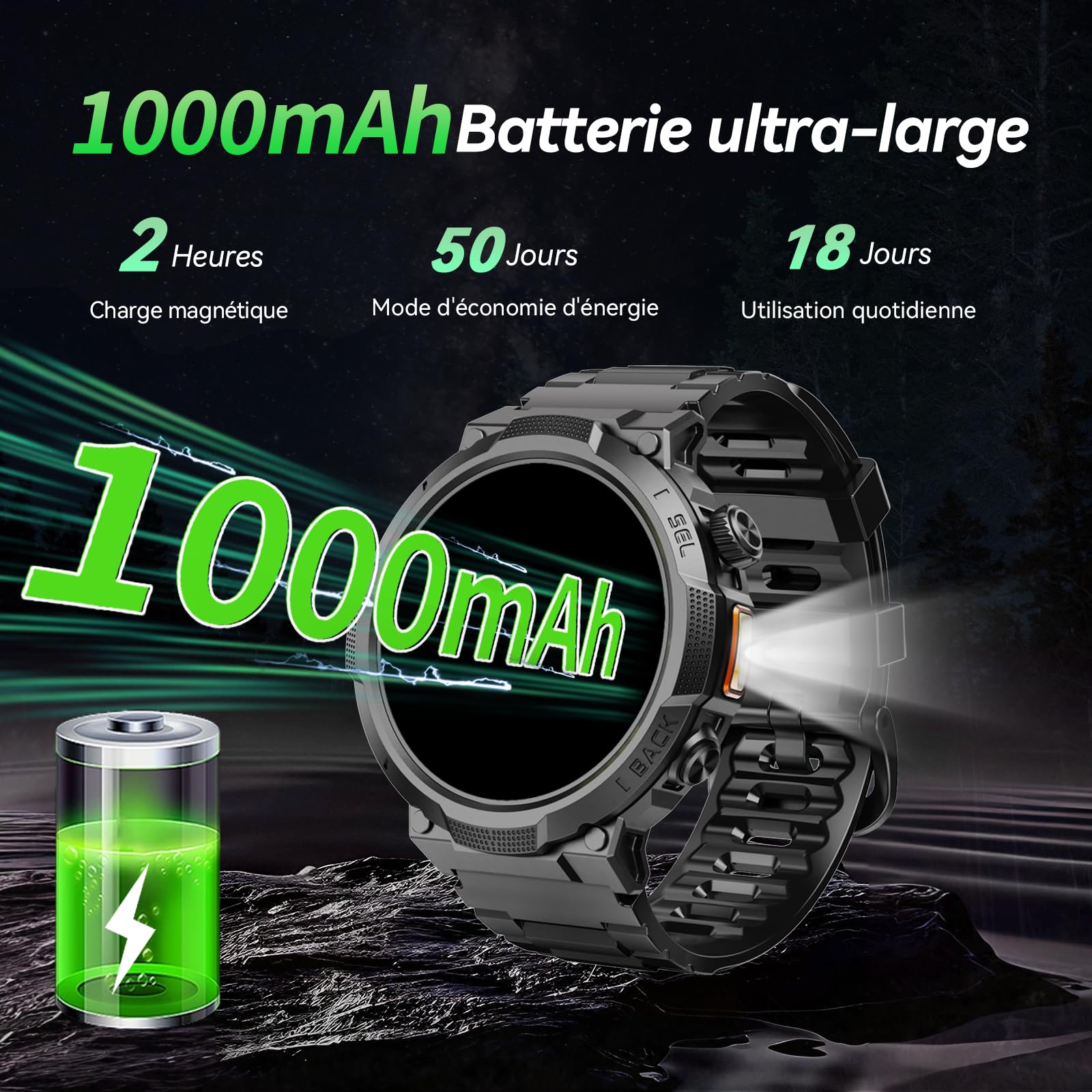 Soudorv Montre Connectée Homme, Militaire Smartwatch avec LED Lampe, Noir | 1000mAh, 1.53" HD avec Appel Bluetooth, Etanche IP68, Fréquence Cardiaque, Sommeil, 110+ Sportifs, Montre pour Android iOS