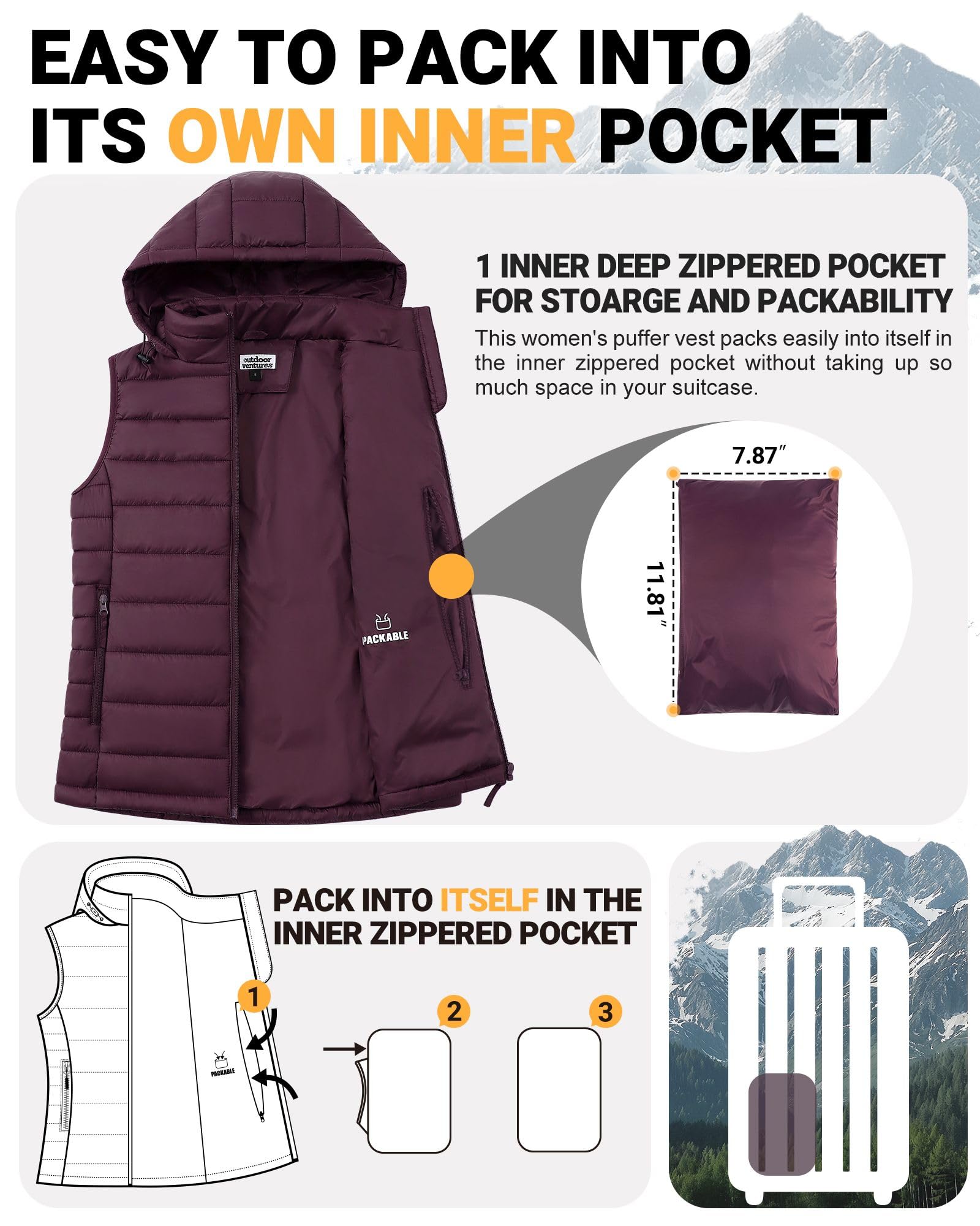 Outdoor Ventures Gilet trapuntato da donna con cappuccio, imbottito, per le mezze stagioni, imbottito, sportivo, da donna, caldo, con colletto alto, per escursioni, campeggio