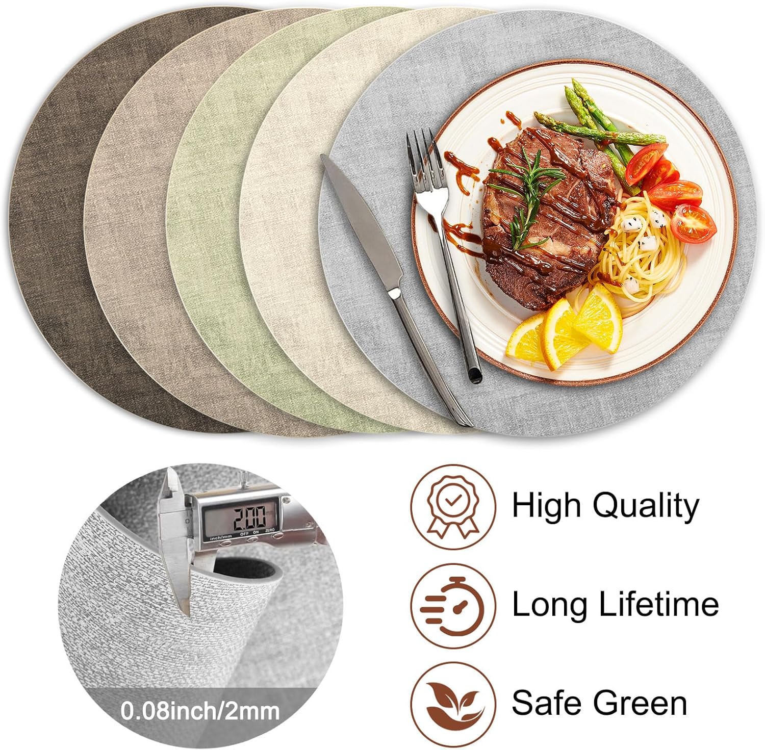 Round Faux Leather Placemats and Coasters, Set of 8, Reversible Heat Resistant Non-Slip Table Mats, Waterproof Wipeable Place Mats for Dining Table, Washable for Indoor & Outdoor (8, Light Grey)