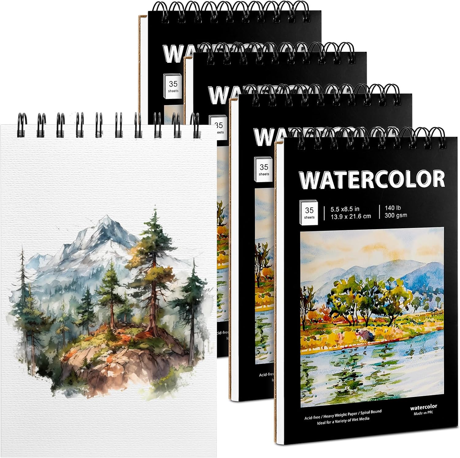 Kosiz 4 Pcs Small Watercolor Paper Pad, 5.5 x 8.5 Inch, 140 Sheets, 140lb/300g, Spiral Bound Watercolor Sketchpad, Compact Travel Sketchbook for Artist, Mixed Media, Markers, Acrylic Art Journaling