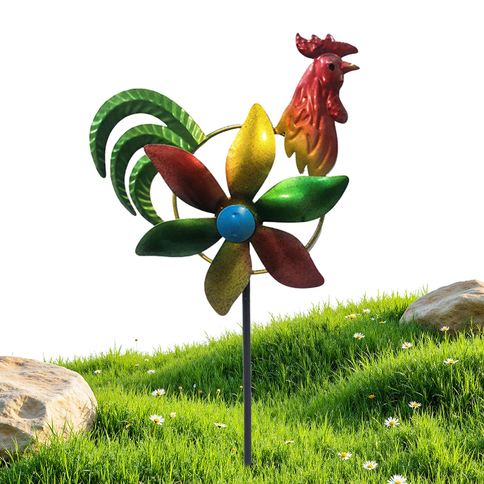 CLBDRESS Garden Wind Spinner Sculpture, Windmill Stake with Rotating Wheels, Metal Yard Ground Stake for Front Yard, Porch, Backyard, Lawn – Colorful Outdoor Decor