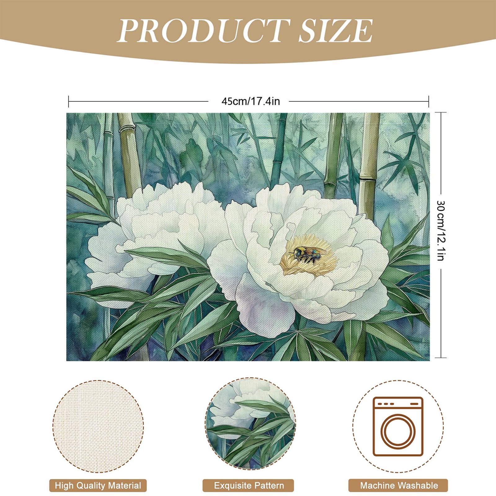 Set di 8 Tovagliette Americane Lavabili Cotone Lino Acquerello - Tovaglietta Americana Resistenti al Calore Durevole Peonia bianca - per Colazione Pranzo 30×45 cm