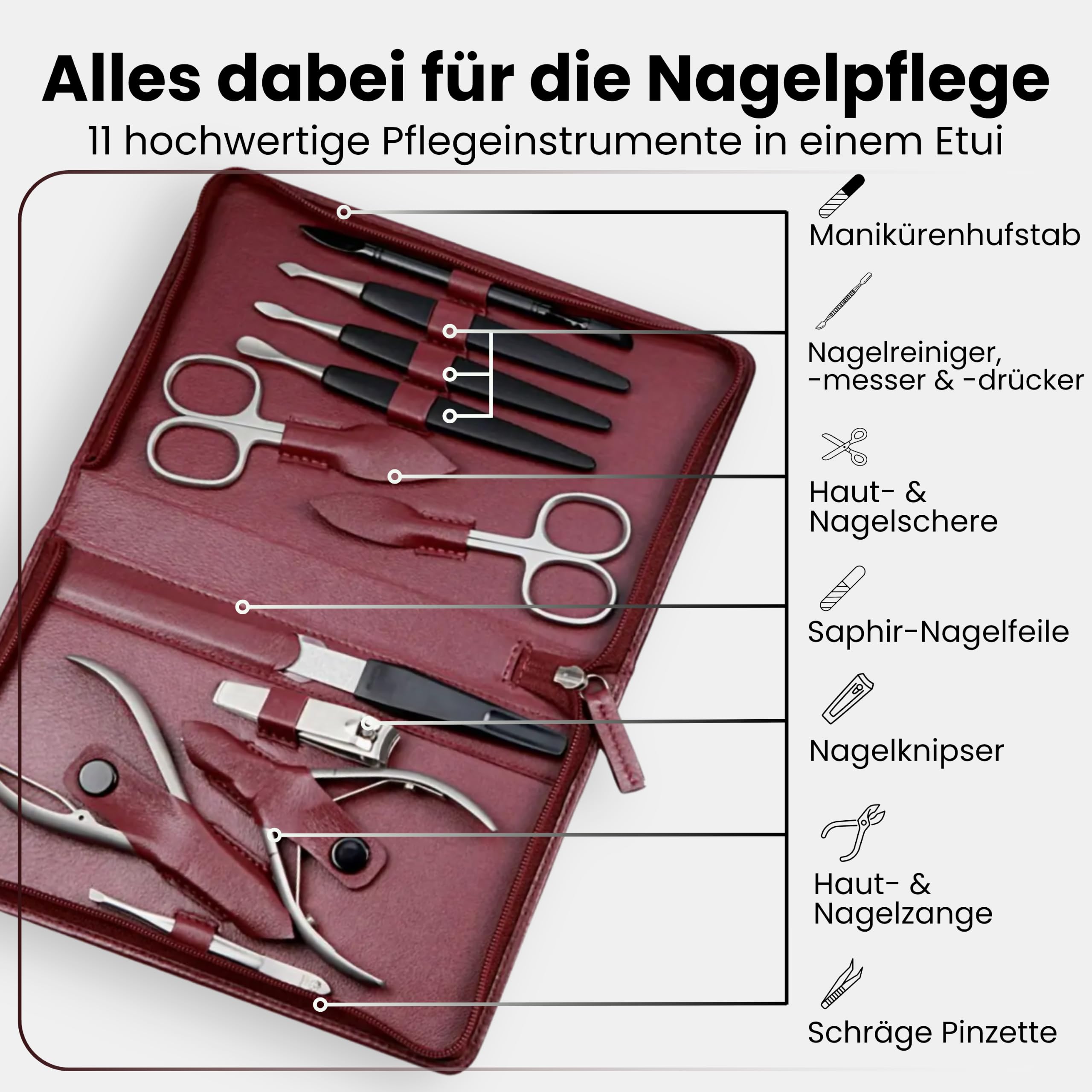 Sonnenschein by Hans Kniebes Maniküre Set 11-teilig Bordeaux - Manicure-Etui aus Nappa-Lammleder - Nagelschere Hautschere Nagelzange Pinzette Feile Knipser - Rostfreier Edelstahl