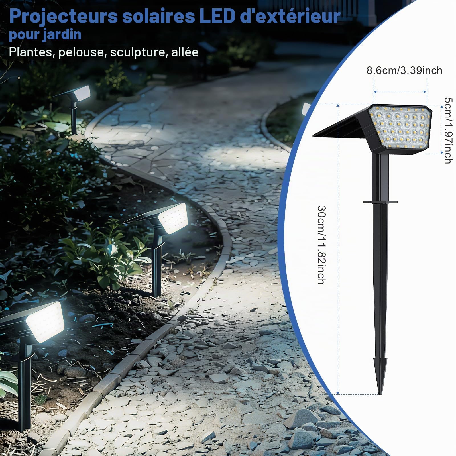 FIFlying Lot de 4 Spot Solaire Extérieur, 44 LED Lampe Solaire Exterieur, 3 Modes d'Éclairage avec Étanche IP67 Lumiere Solaire Exterieur pour Jardin, Cour, Allée, Chemin - Blanc Froid