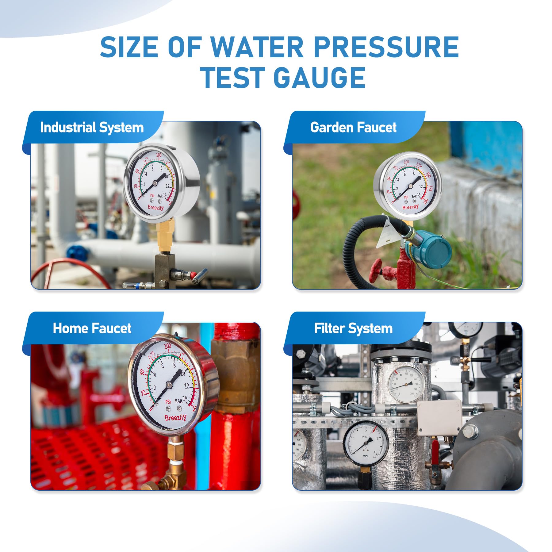 Manómetro para prueba de agua, esfera de 2,5", 0-200 PSI/0-1,4 MPA, relleno de glicerina líquida, rosca NPT de 1/4", con adaptador de 1/4 a 3/4 (móvil y flexible), para pruebas de presión de agua, a