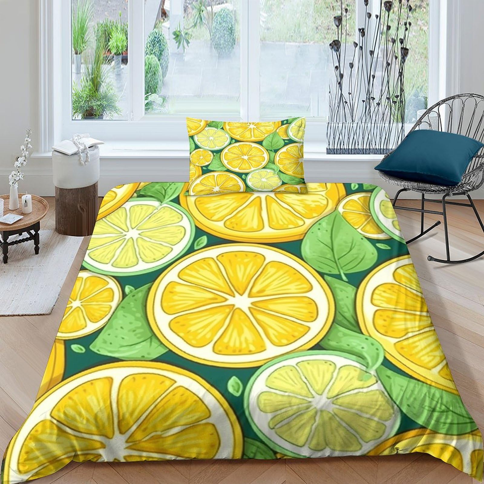 IVYARD Lemon 3D Printed Duvet Cover Set 2 Pieces Bedding Set Soft Easy Care with Zipper Closure，Pillowcases for Teens And Adults Single（135x200cm）