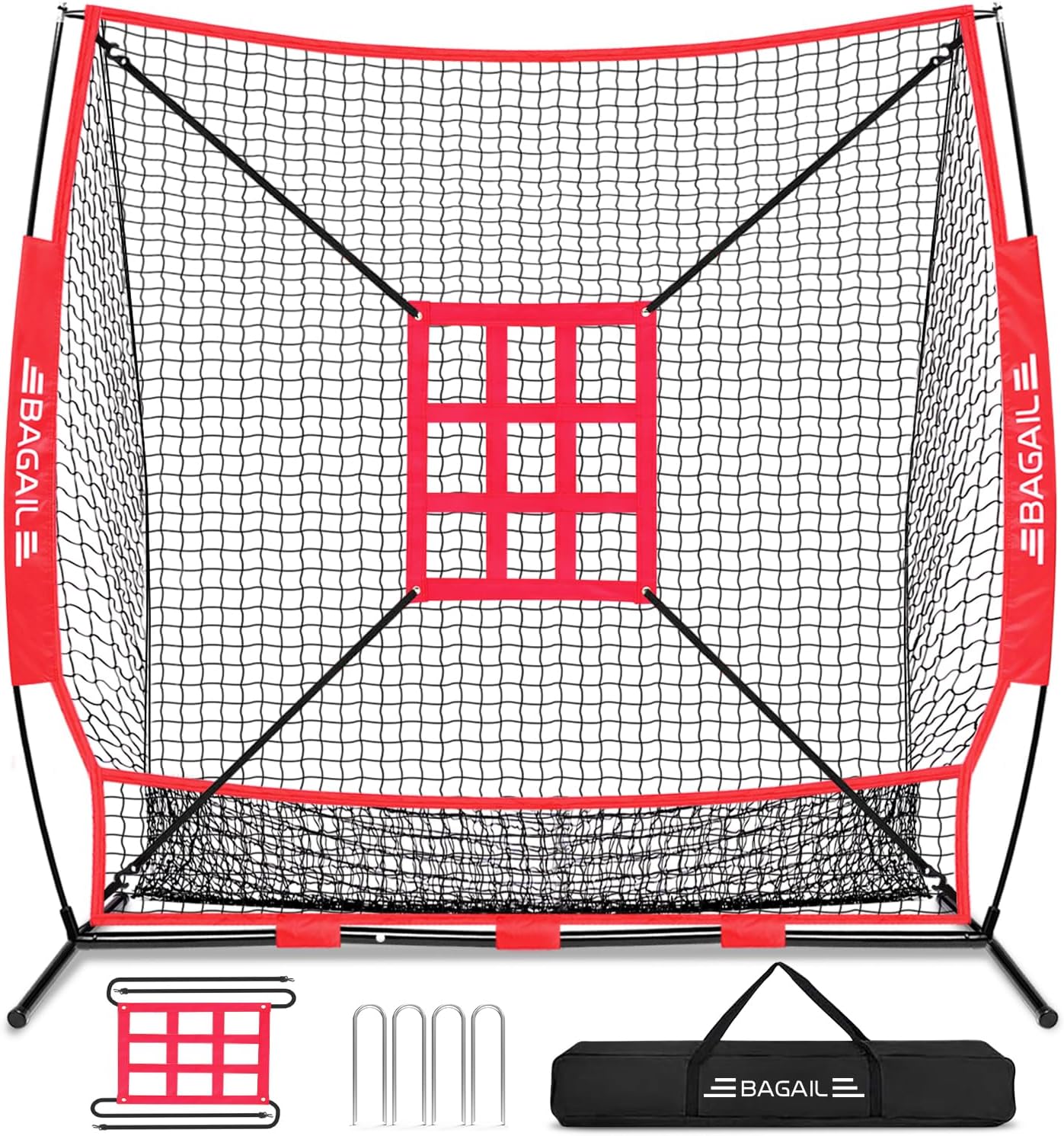 BAGAIL 7x7 ft Baseball & Softball Practice Net with Bow Frame for Batting, Hitting, Pitching, Portable Baseball Throwing Net with Strike Zone, Carry Bag, Baseball Training Aid for All Levels