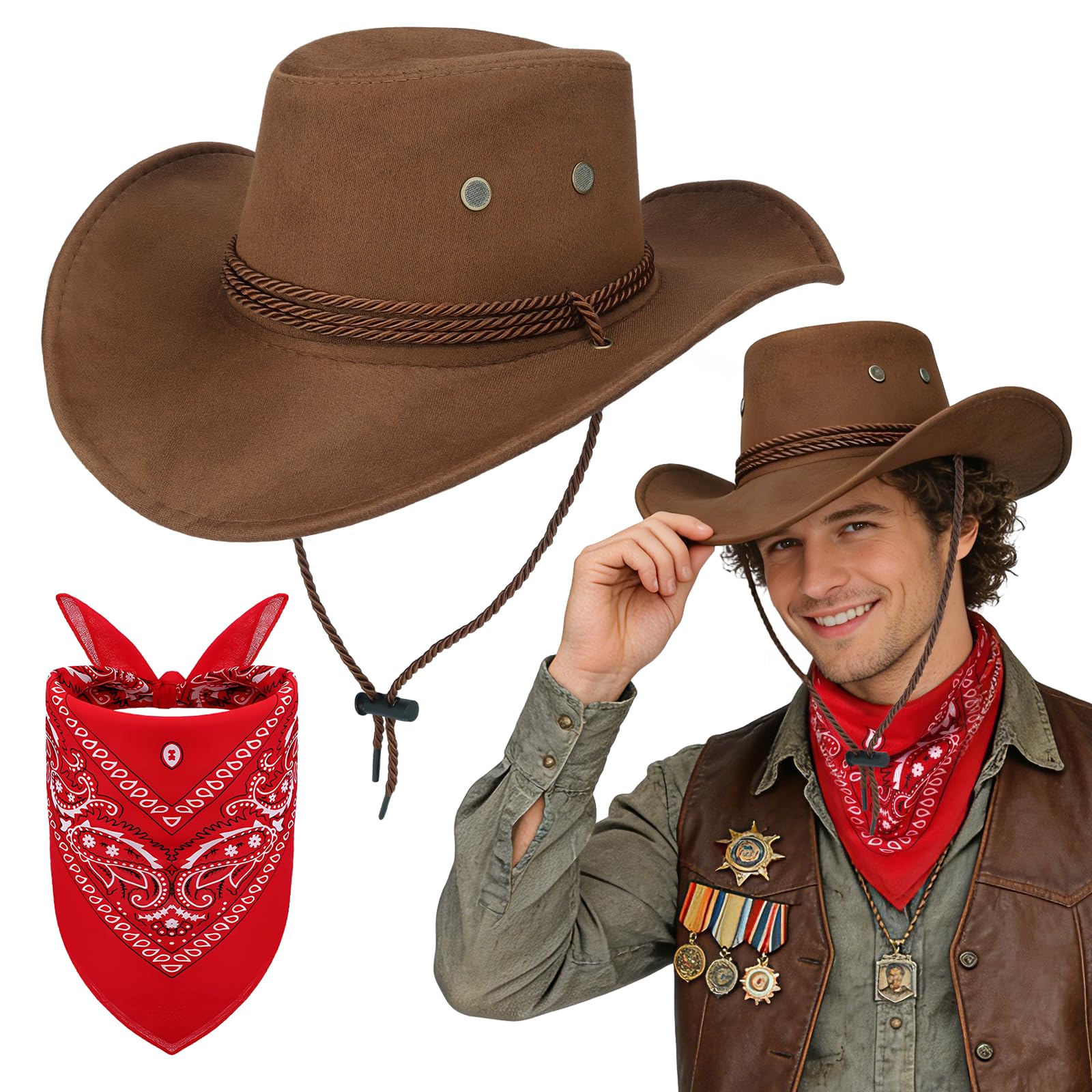 Zestaw 2 sztuk kapelusza kowbojskiego i bandany, western, kostium kowbojski, zestaw akcesoriów z kapeluszami kowbojskimi, bandana Paisley, dla mężczyzn i kobiet, na karnawał, Halloween
