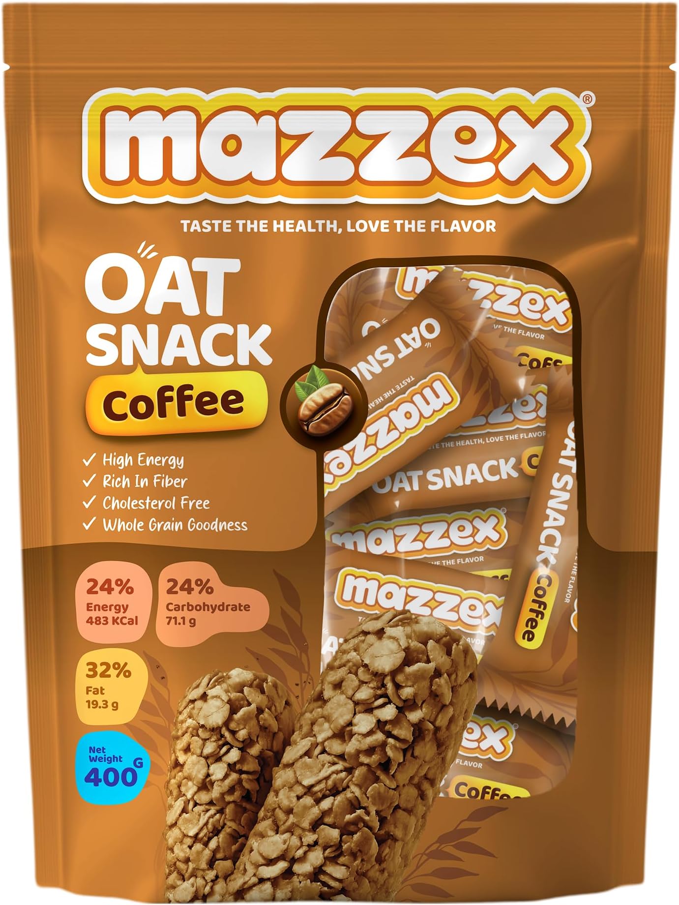 Mazzex Coffee Oat Snack 400g (40 Bars) | Healthy Snack, Low Sugar, High-Fiber Energy & Breakfast Bar | Ready-to-Eat Oatmeal Chocolate Treat | Whole Grain Bar for Gym, School & On-the-Go