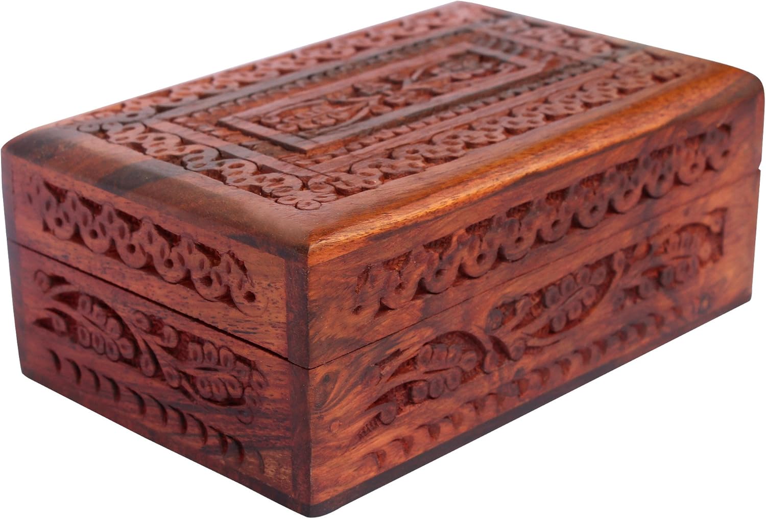 Handmade Wooden Jewelry Box with Floral Carvings & Brass Inlay - 6x4 Inch Keepsake Organizer for Women
