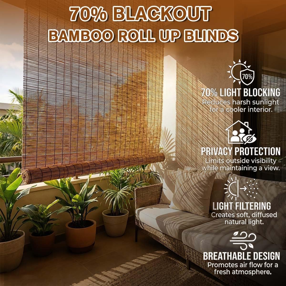 Brown Bamboo Blinds Outdoor Cordless Roller Shades for Patio Shade Porch Privacy Roller Blinds, 36" 48" 52" 60" 72" 84" Bamboo Roman Shades for Indoor Windows Easy Install Roll Up Blinds(48"W x 48"H)