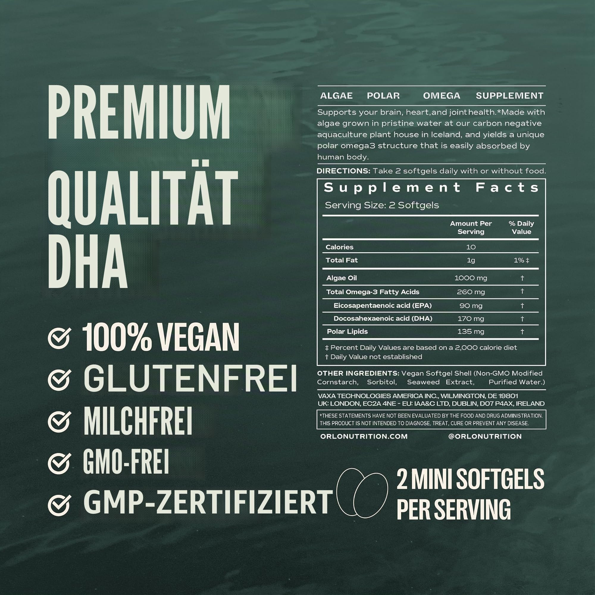 Orlo DHA - veganes Omega-3-Nahrungsergänzungsmittel - dreifache Omega-3-Wirkung - pflanzliche DHA & EPA Omega-3-Algenöl-Fettsäuren - Fischöl-Alternative (60 mini Weichkapseln)