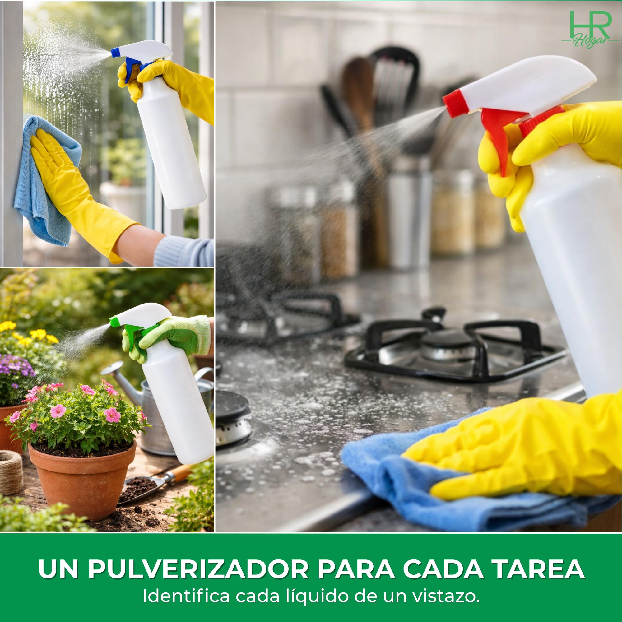 HR Hogar | Pulverizador Spray 1L Pack 3 Colores - Hecho en España - Botella Aerosol de Polietileno de Alta Densidad Resistente y Reciclable con Boquilla Regulable para Limpieza y Jardinería — view 5