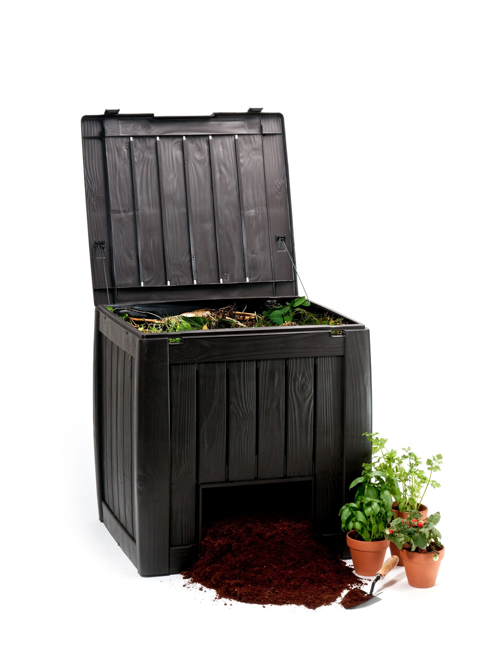 Keter Deco- Compostador con Base 350L, 72 x 74 x 69,5, Color Marrón Imitación Madera, Abono, Compost, Compostaje