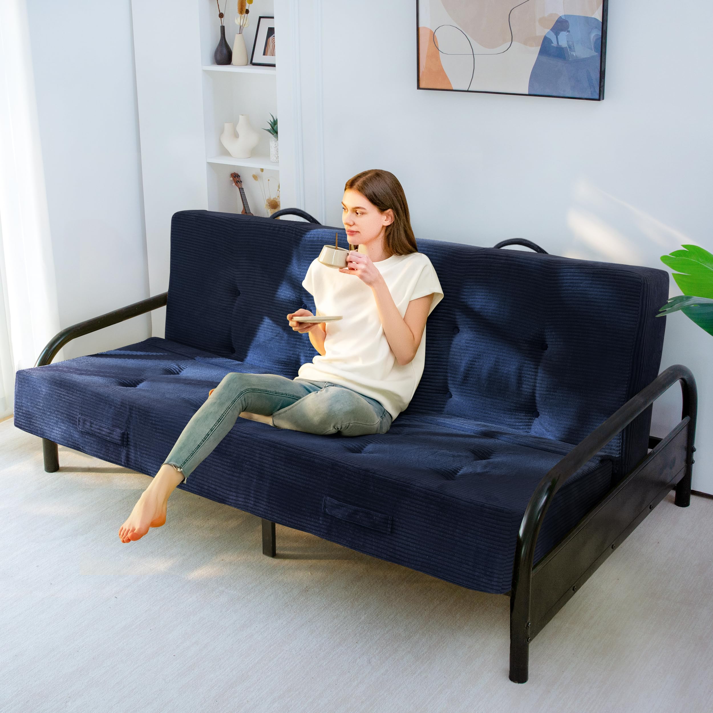 MAXYOYO Foldable Mattress, 8-Inch Tufted Futon Mattress with Handles | Tufted Floor Sofa Bed and Versatile Mattress, Carry Handles for Living Rooms or Guest Rooms, Frame Not Included, Navy