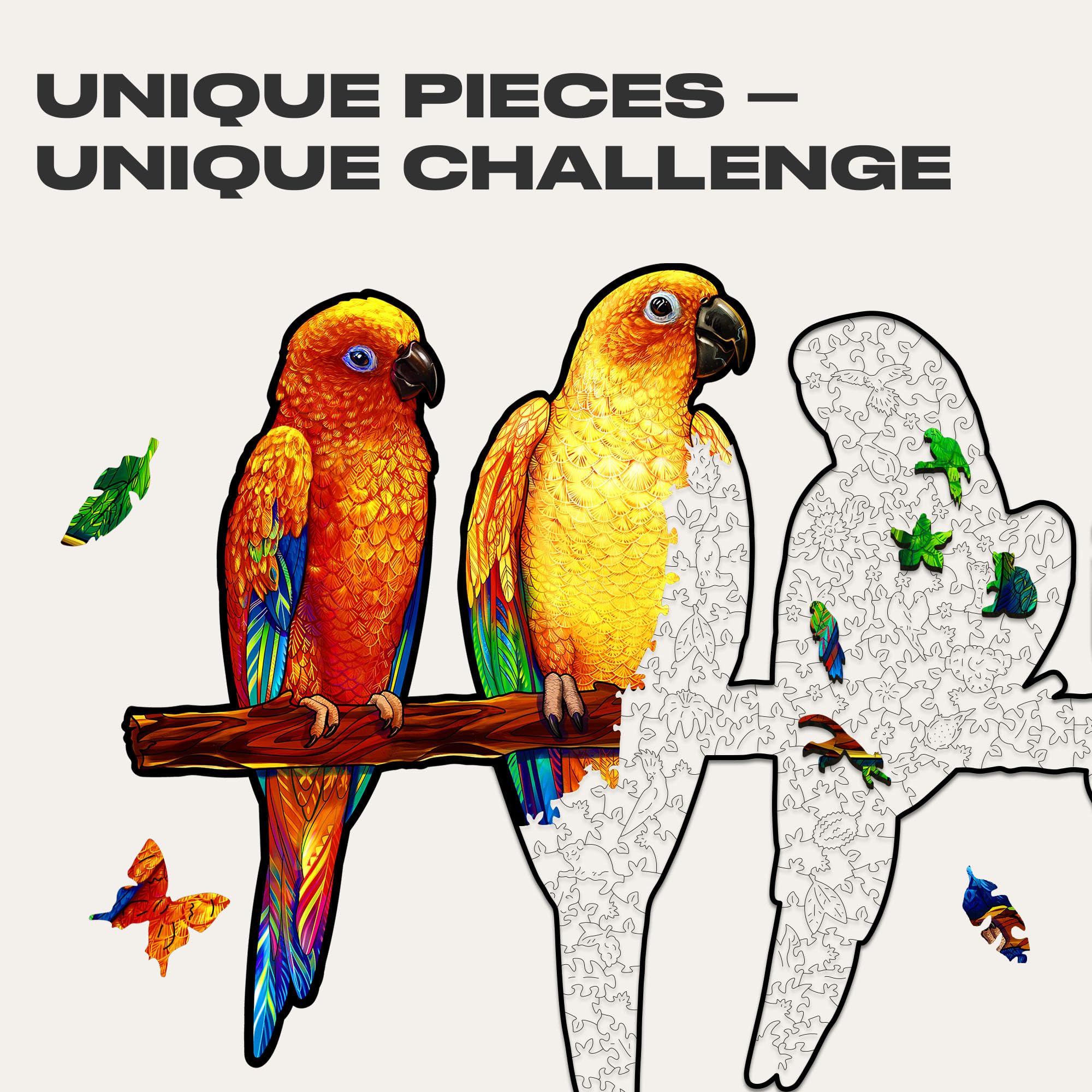 UNIDRAGON Oryginalne drewniane puzzle — zabawne papużki, 620 skrzydeł, królewski rozmiar 28,4 x 15,9 cala (72 x 40 cm) piękne opakowanie prezentowe, unikalny kształt najlepszy prezent dla dorosłych i