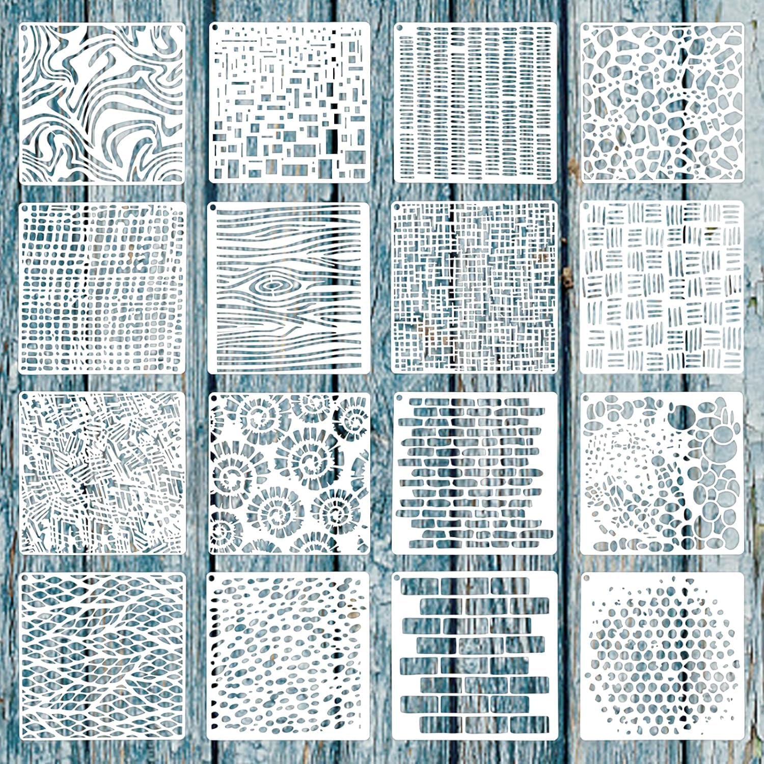 16Pcs Stencils for Crafts Reusable, 6'' x 6'' Wall Stencils for Painting, Geometric Patterns Brick Wall Stencil, Mixed Texture Stencils for Painting on Wood, Wall, Canvas, Brick, Layered Pattern