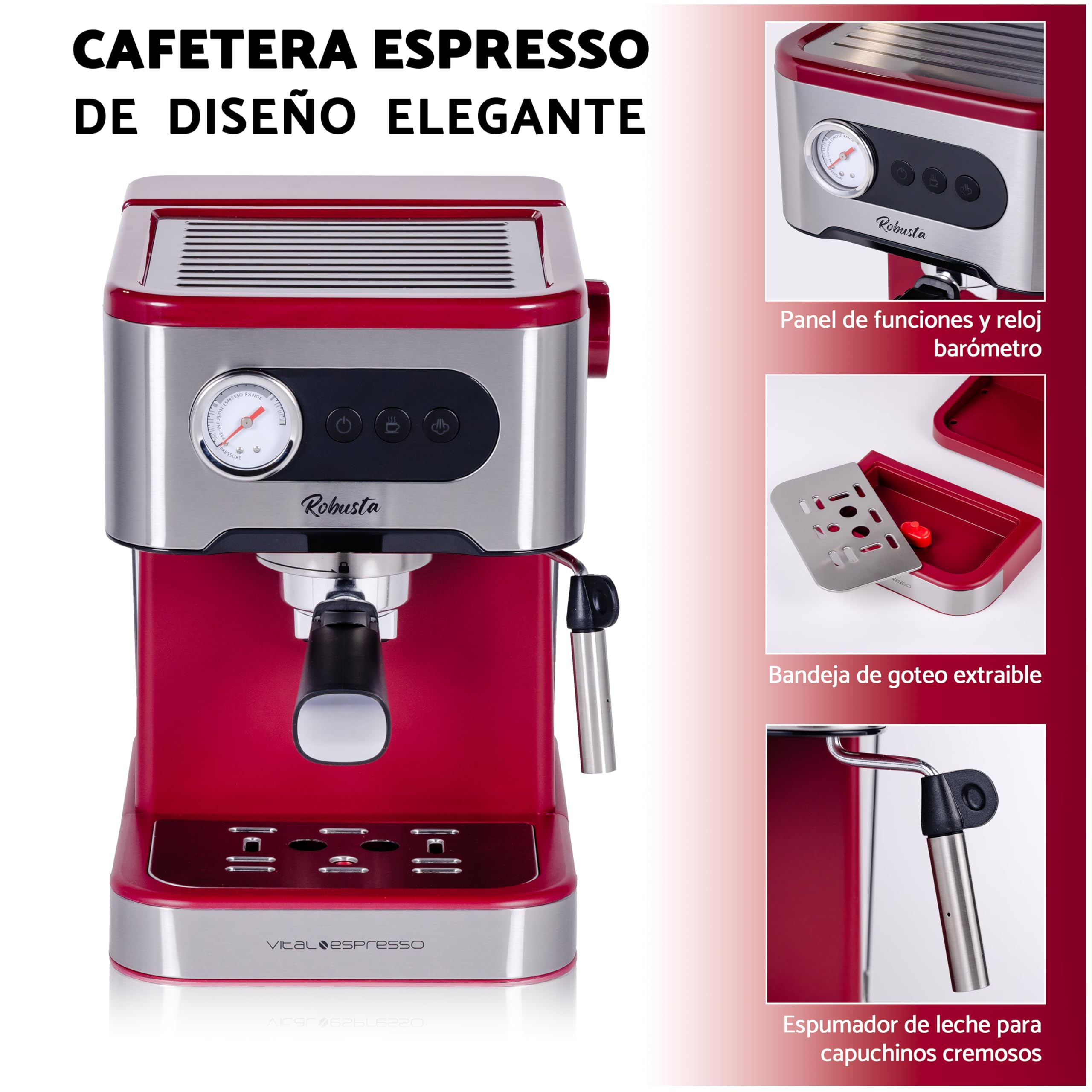 XSQUO Useful Tech Caffettiera Express. Espresso e Cappuccino, 1350w, 20 bar, Vaporizzatore Orientabile, Sistema Thermos Block di riscaldamento rapido.. Vital Espresso Robusta.