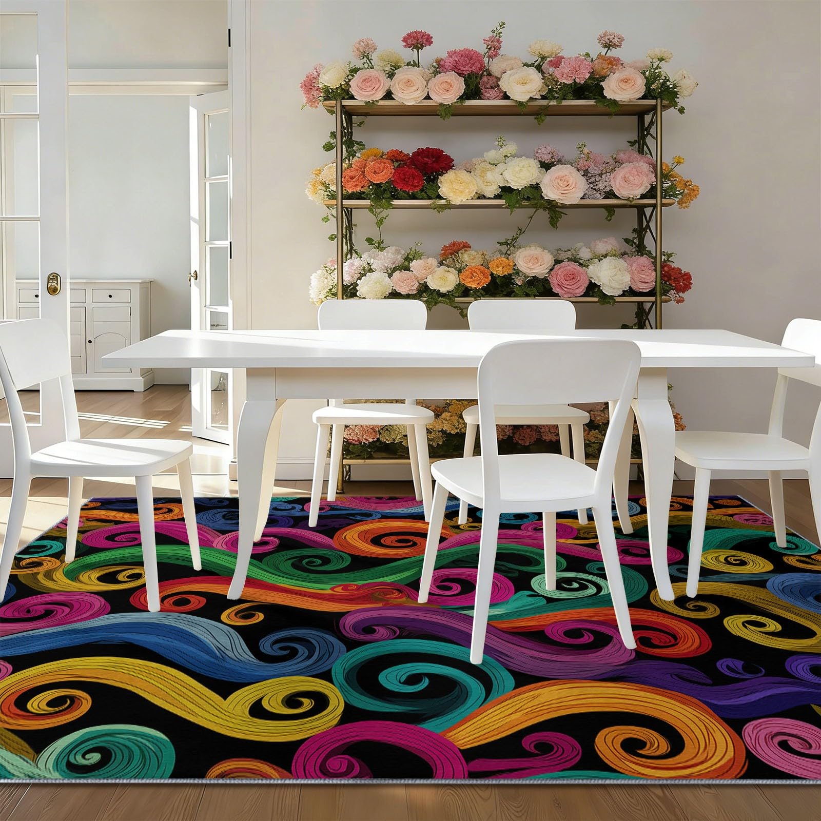 160 x 230 cm Tapis à Poils Courts lavables, Couleur Fantaisie Néon Carpet Motif, Effet 3D Vagues Tourbillons Arcs-en, pour décoration la Chambre Manger à Coucher de Salon