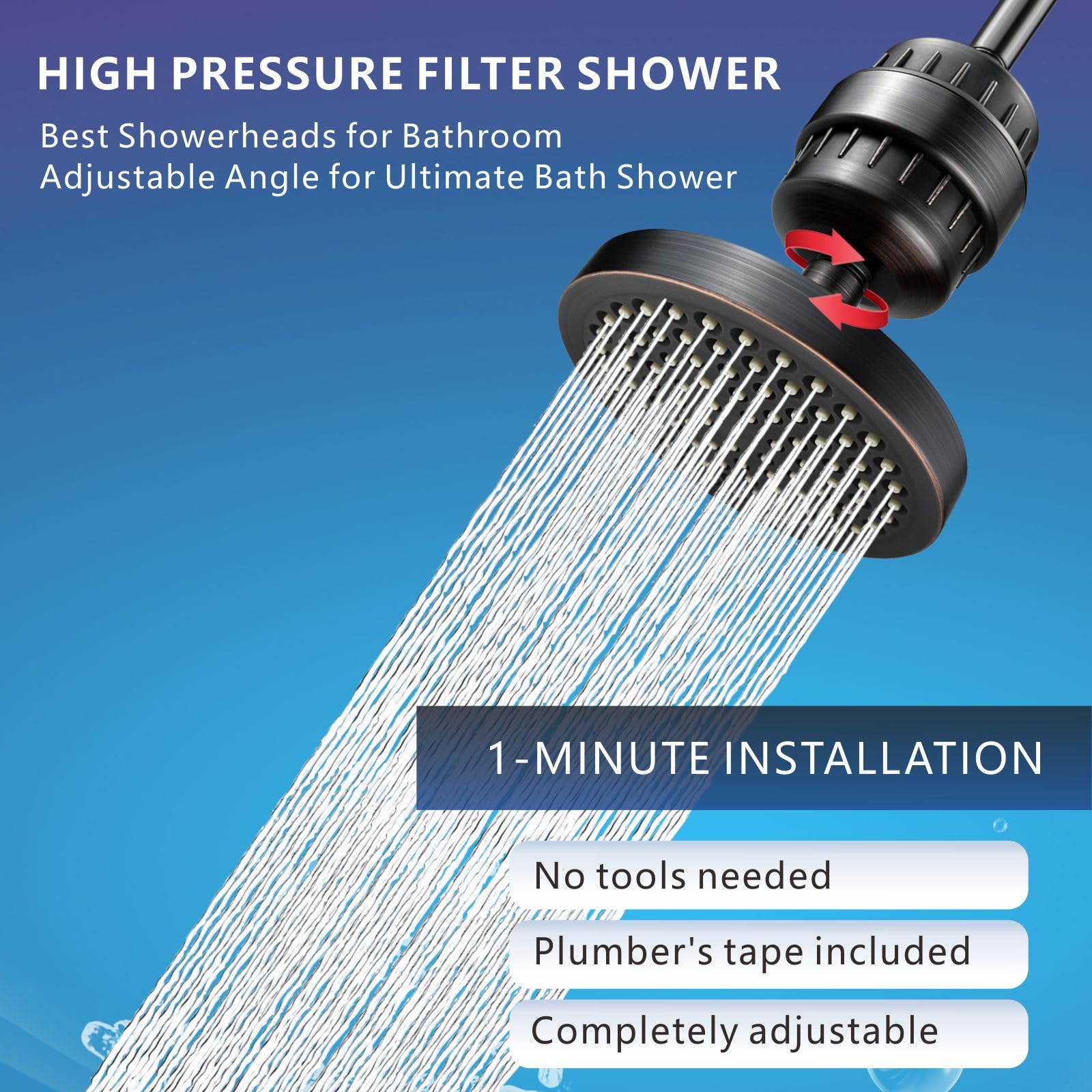 Juego de cabezal de ducha filtrado de alta presión, filtro de ducha de lluvia de 6 pulgadas para agua dura, cabezal de ducha redondo universal de 20 etapas de filtración elimina impurezas para