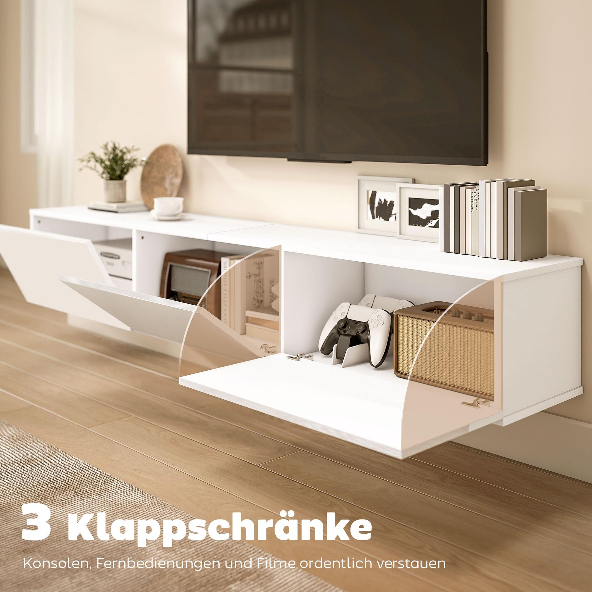 HOMCOM TV Schrank Lowboard hängend 180 cm für Fernseher bis 82 Zoll Weiß