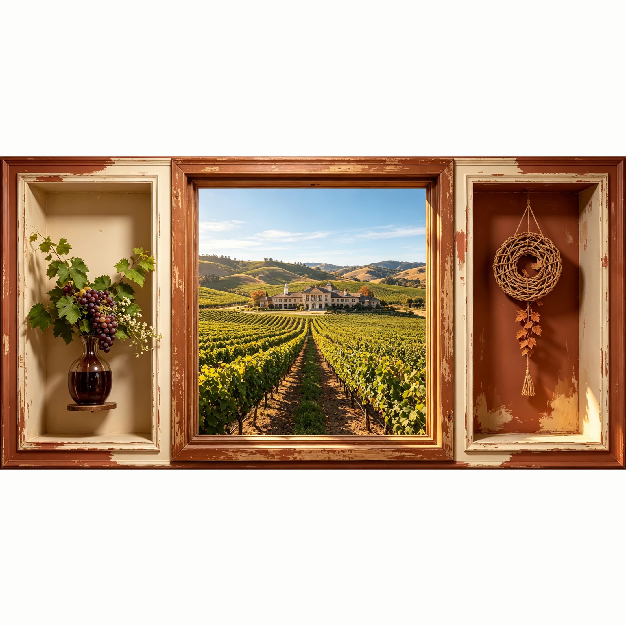 QZLITHOTIC 50x100cm 3D Framed Wall Art， Tuscany Vineyard Landscape Farmhouse Self‑Adhesive Mural， Water‑Activated Peel & Stick Fabric Decor Wall Decal for Bedroom Living Room