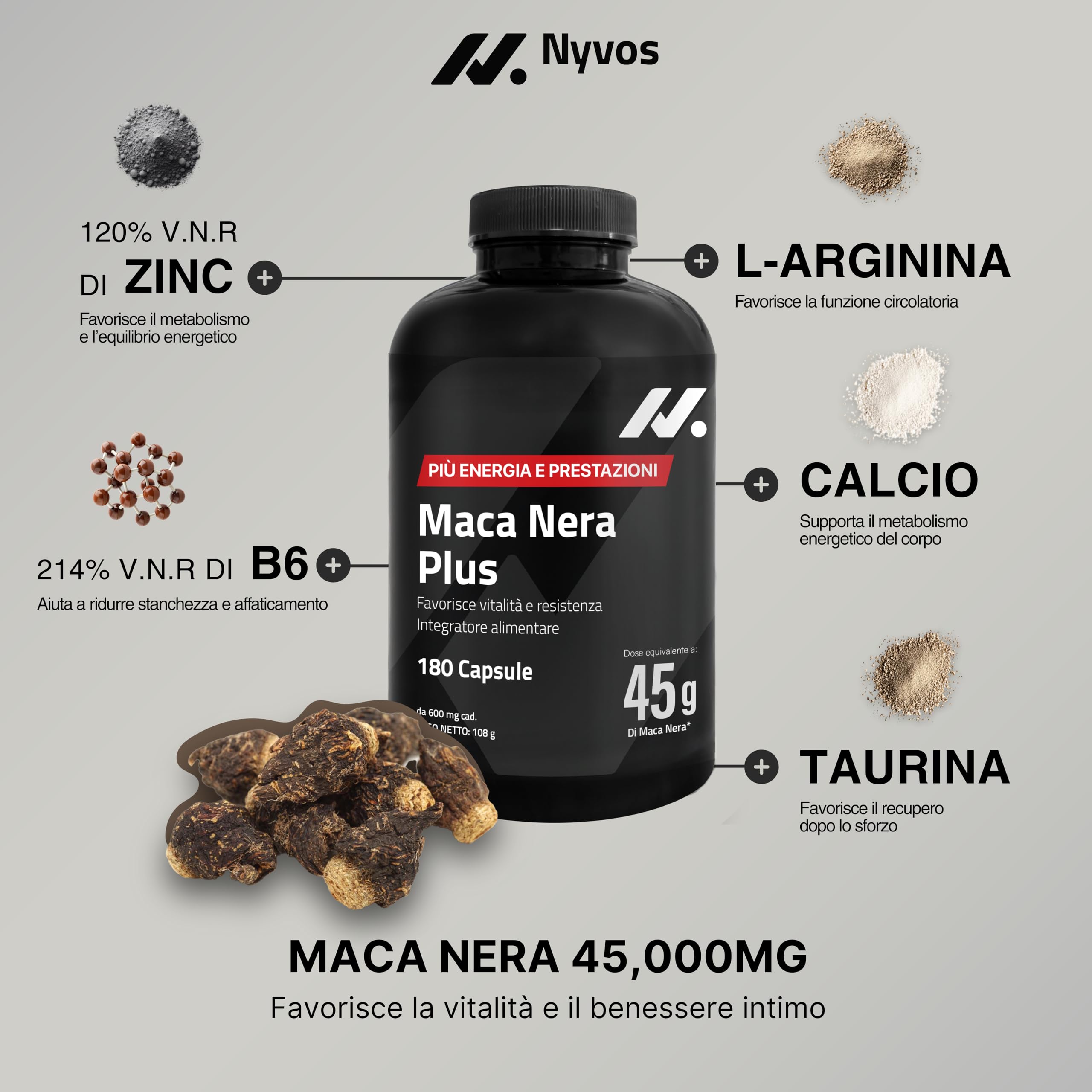 Maca Peruviana Plus – Maca Nera 45.000 mg Equivalenti (100:1), Arginina, Taurina, Vitamina B6 – Testosterone Uomo – 180 Capsule – Vegano, Senza Glutine né Lattosio – Pre workout, Energia e Muscoli
